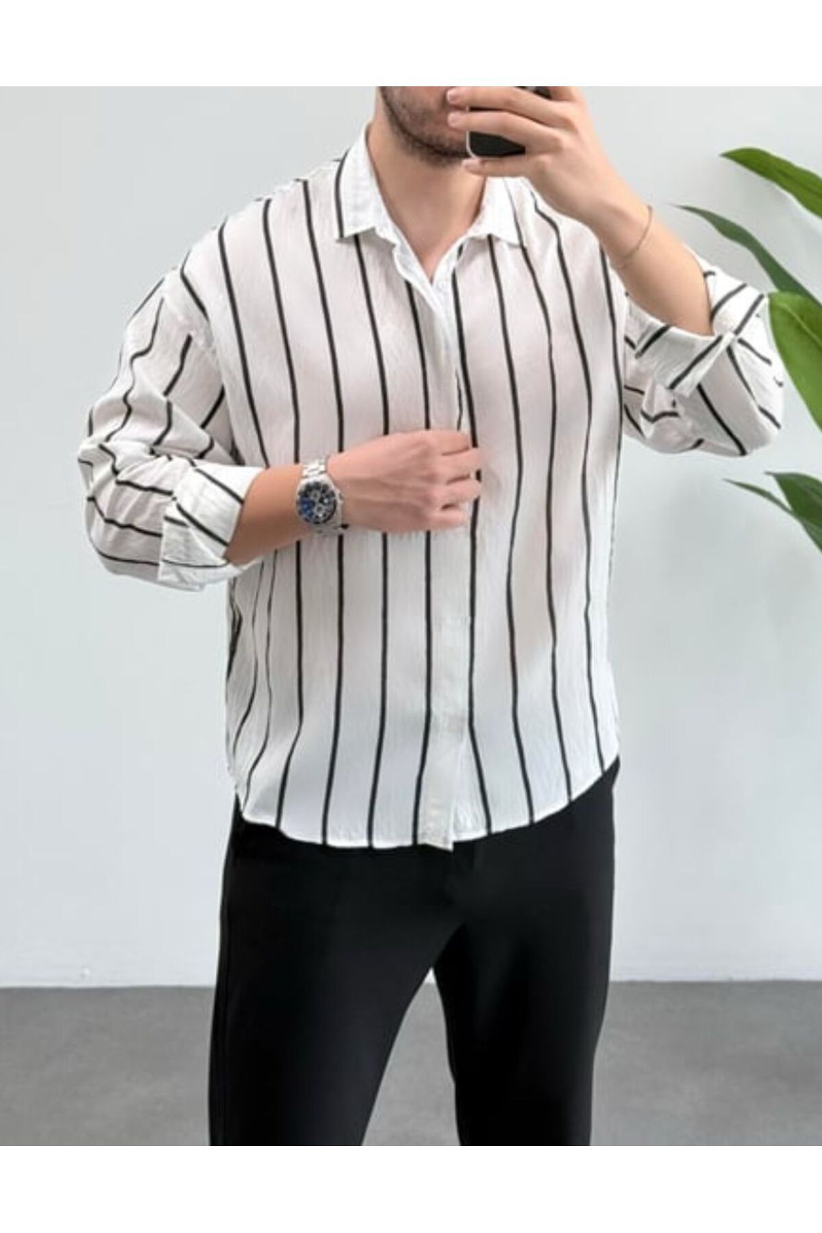 JACK CAPRİO Erkek Keten Çizgili Yeni Sezon Oversize Gömlek