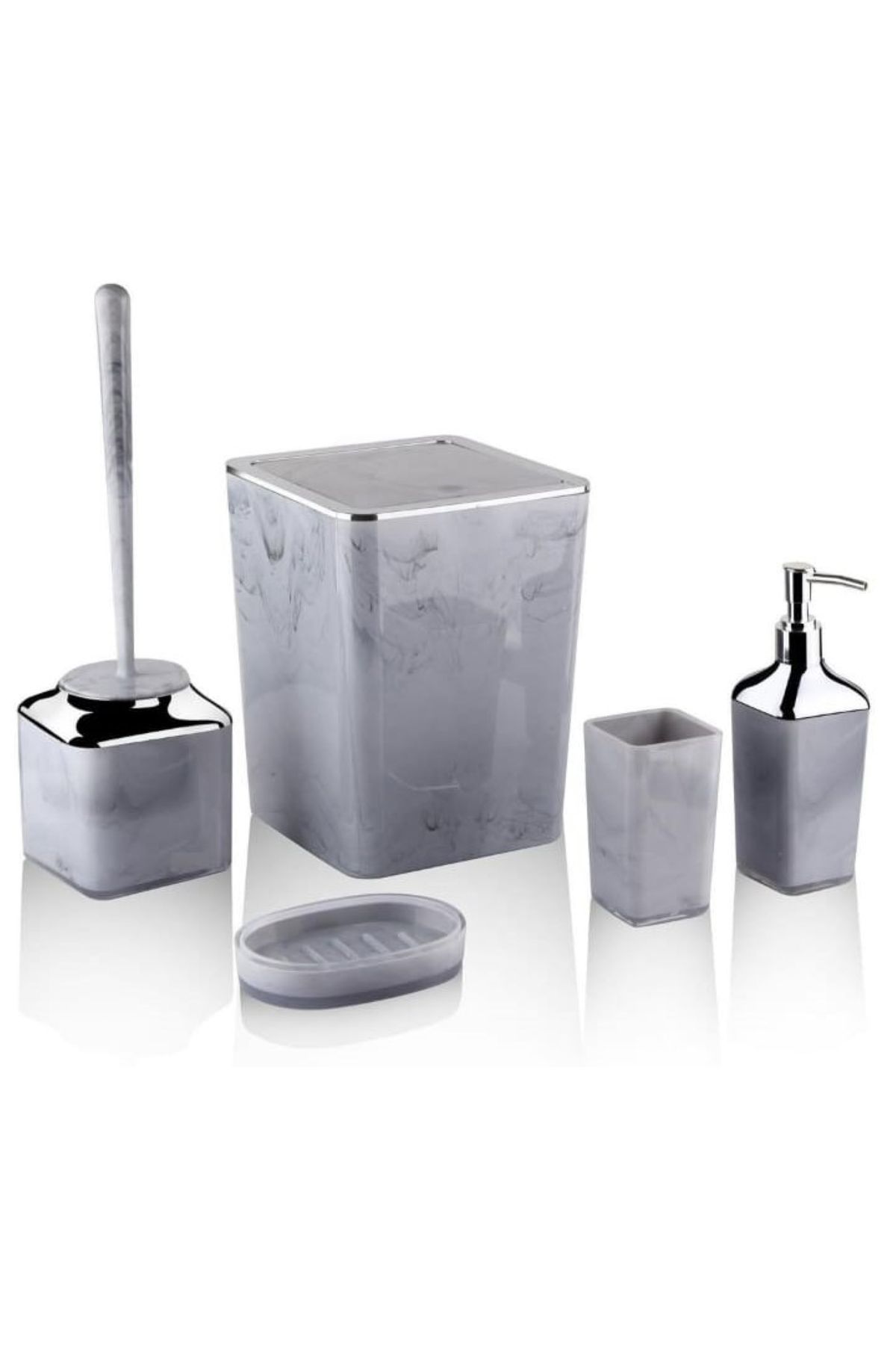 ALKAN PLASTİK 5Lİ/5 PARÇA KROM AKRİLİK BANYO SETİ(ÇÖP KOVASI/TUVALET FIRÇASI/SIVI-KATI SABUNLUK/DİŞ FIRÇALIĞI)