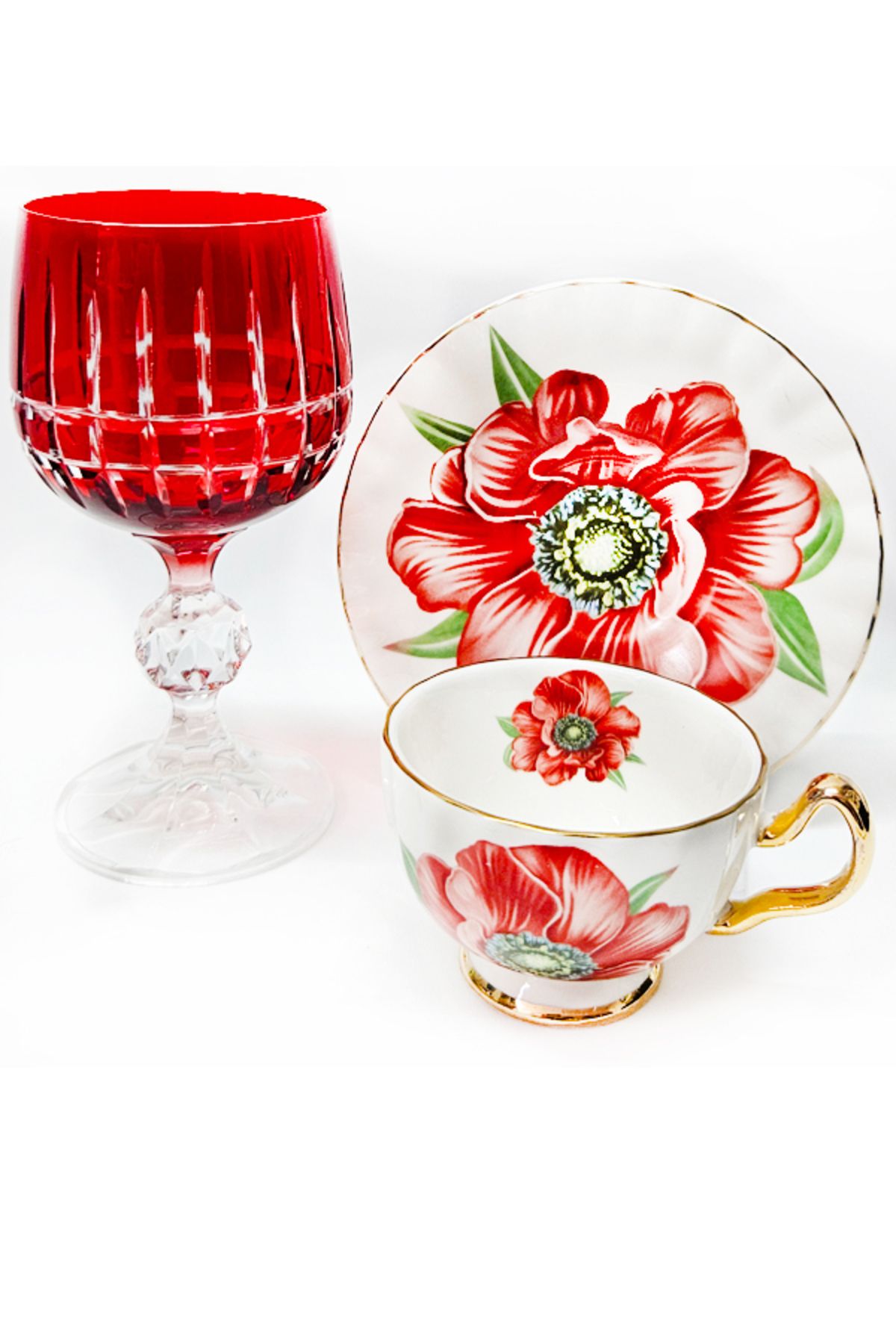 Bigatti TEK KİŞİLİK RED FLOWER KAHVE FİNCAN VE KAHVE SU BARDAĞI