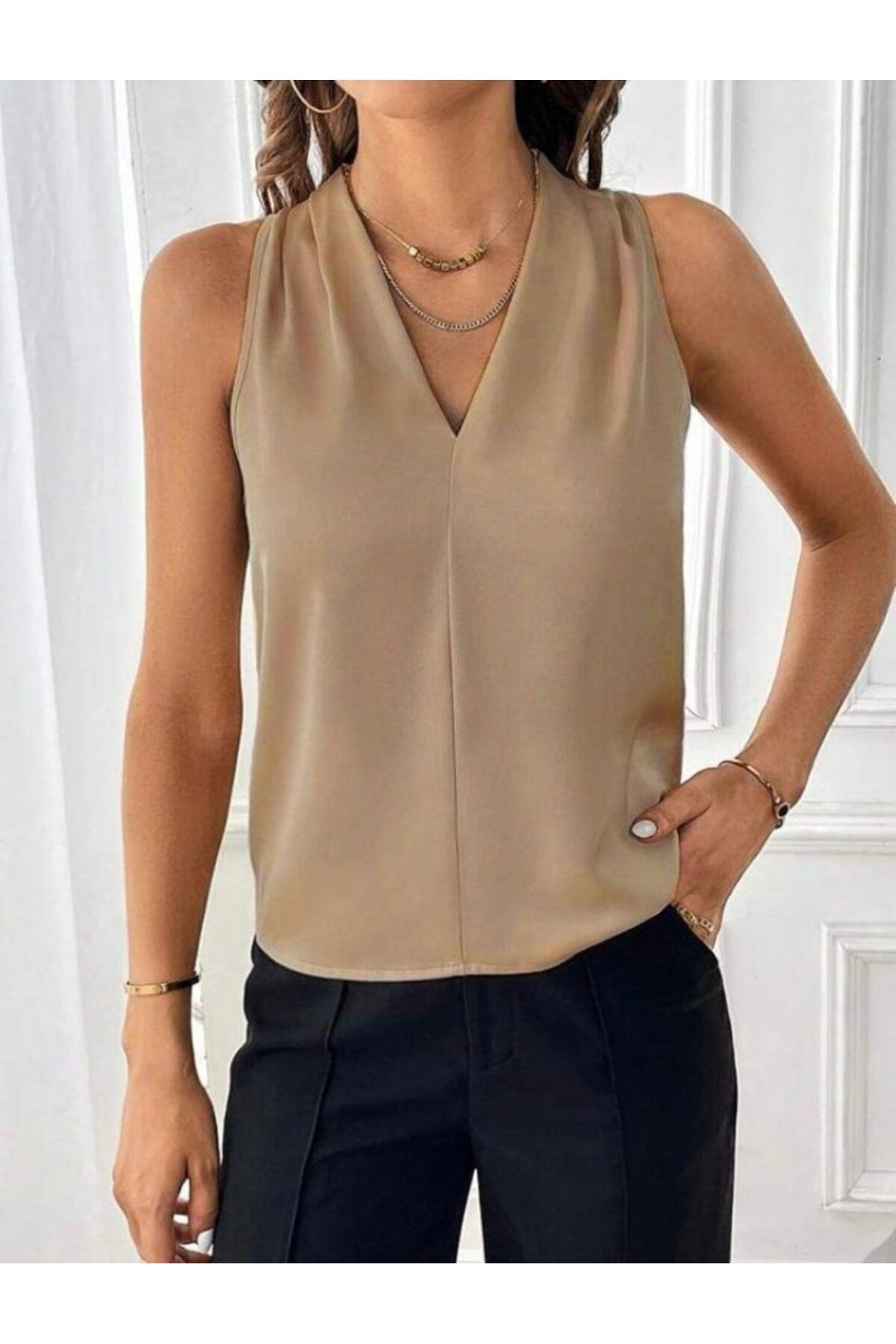ARUZ MODA Kadın Sıfır Kol V Yaka Viskon Kumaş Bluz