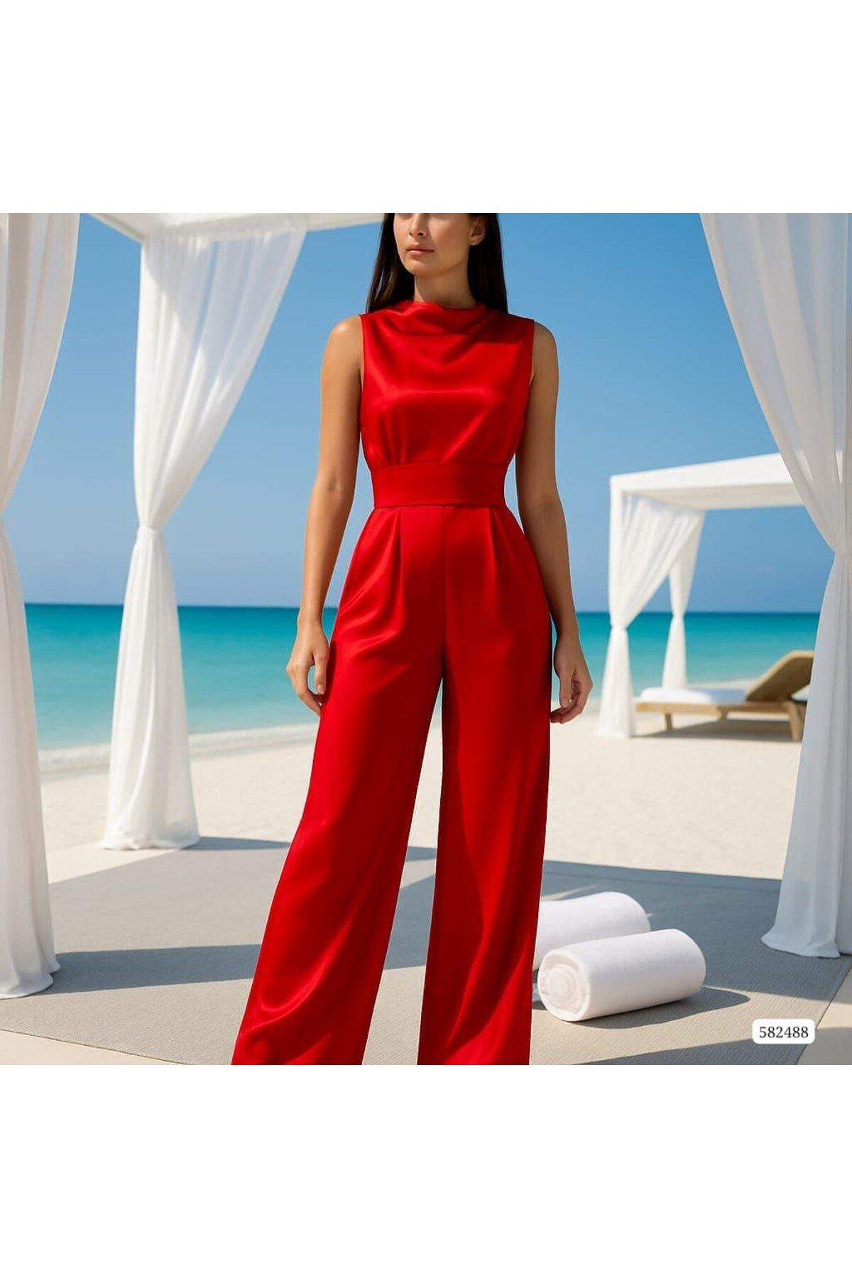 SİSİ Halter Yaka Bol Paça Saten Tulum Siyah