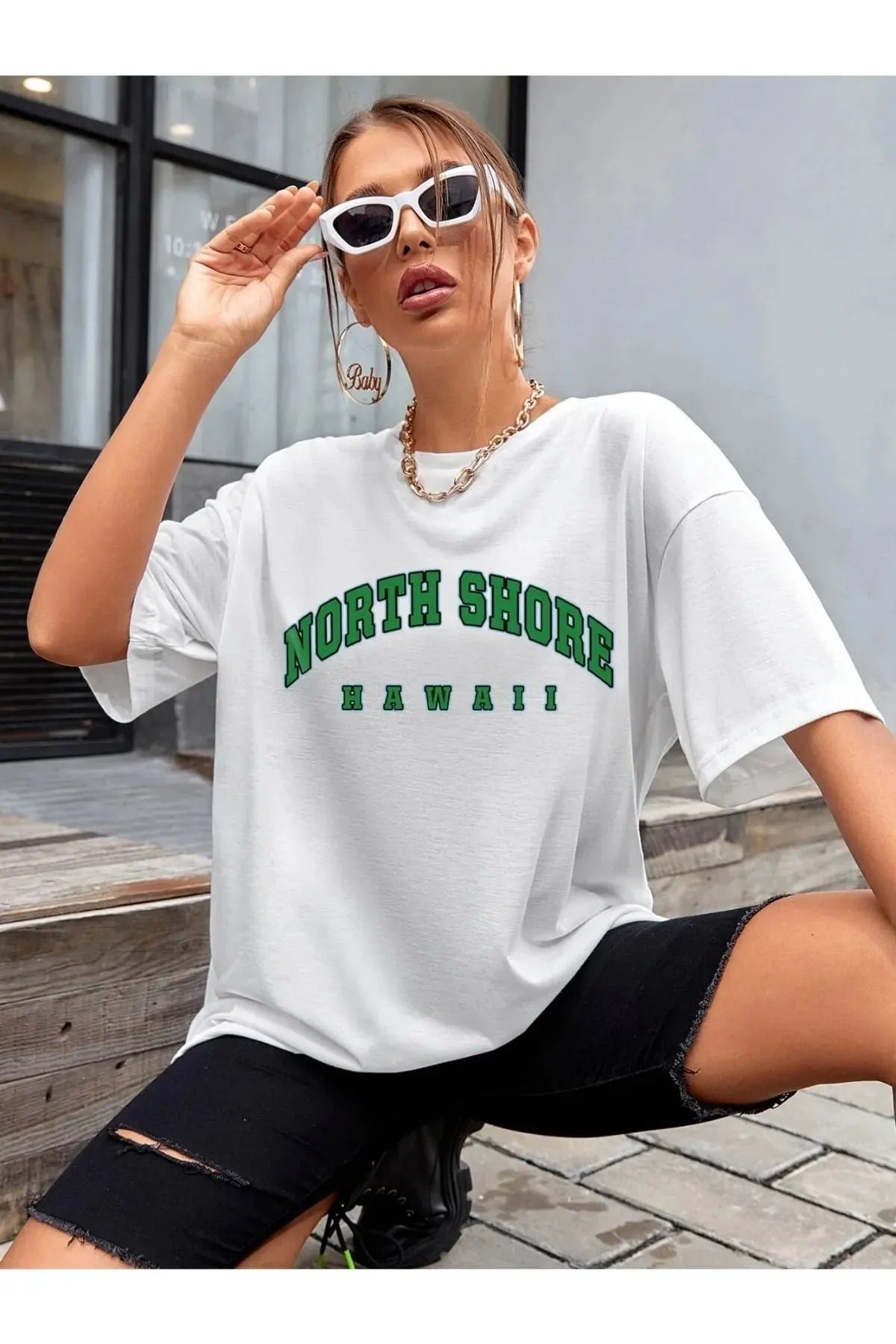 FeaR LeeS North Shore Hawaii Basklı Oversize Unisex T-shirt