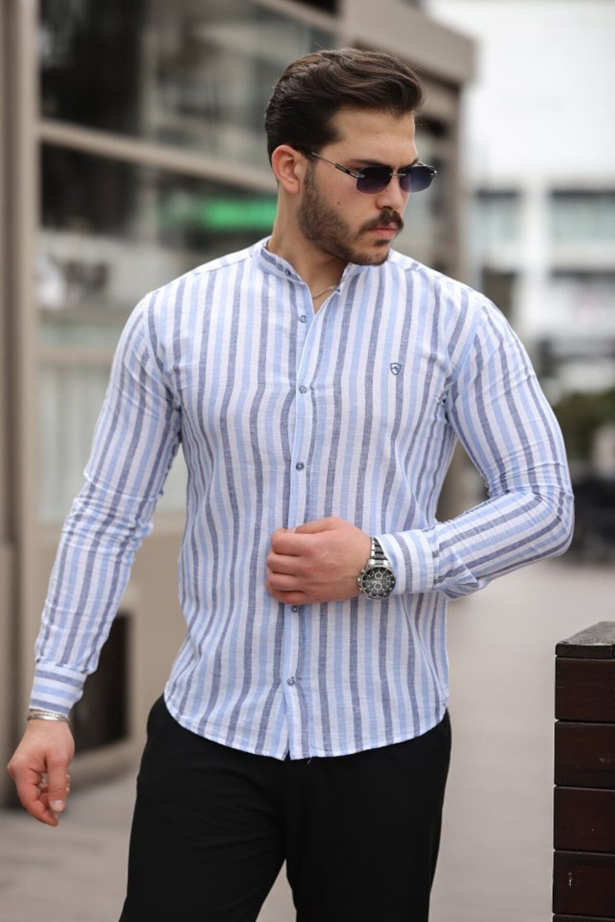 ARUZ MODA Erkek çizgili Hakim Yaka Gömlek