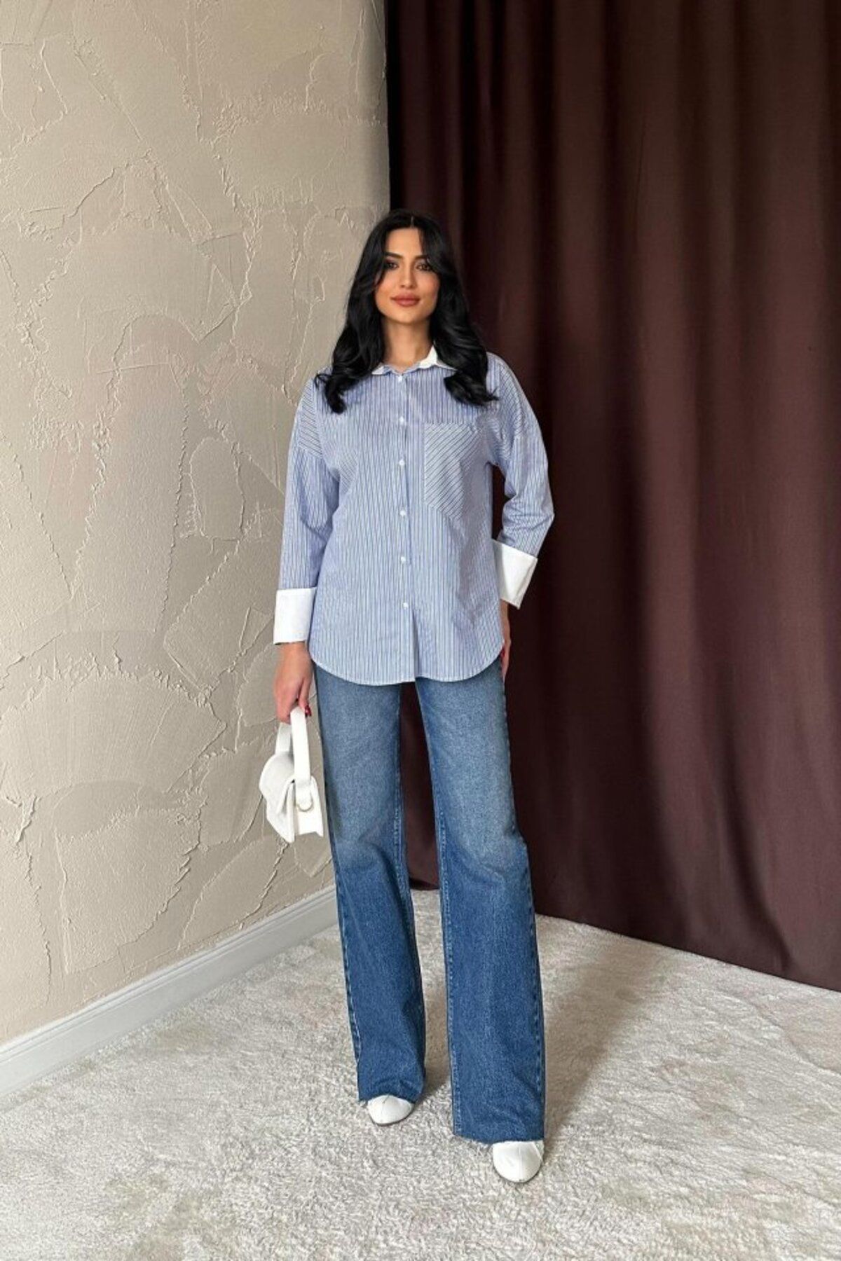 ARUZ MODA Mavi Çizgili Poplin Uzun Kol Gömlek