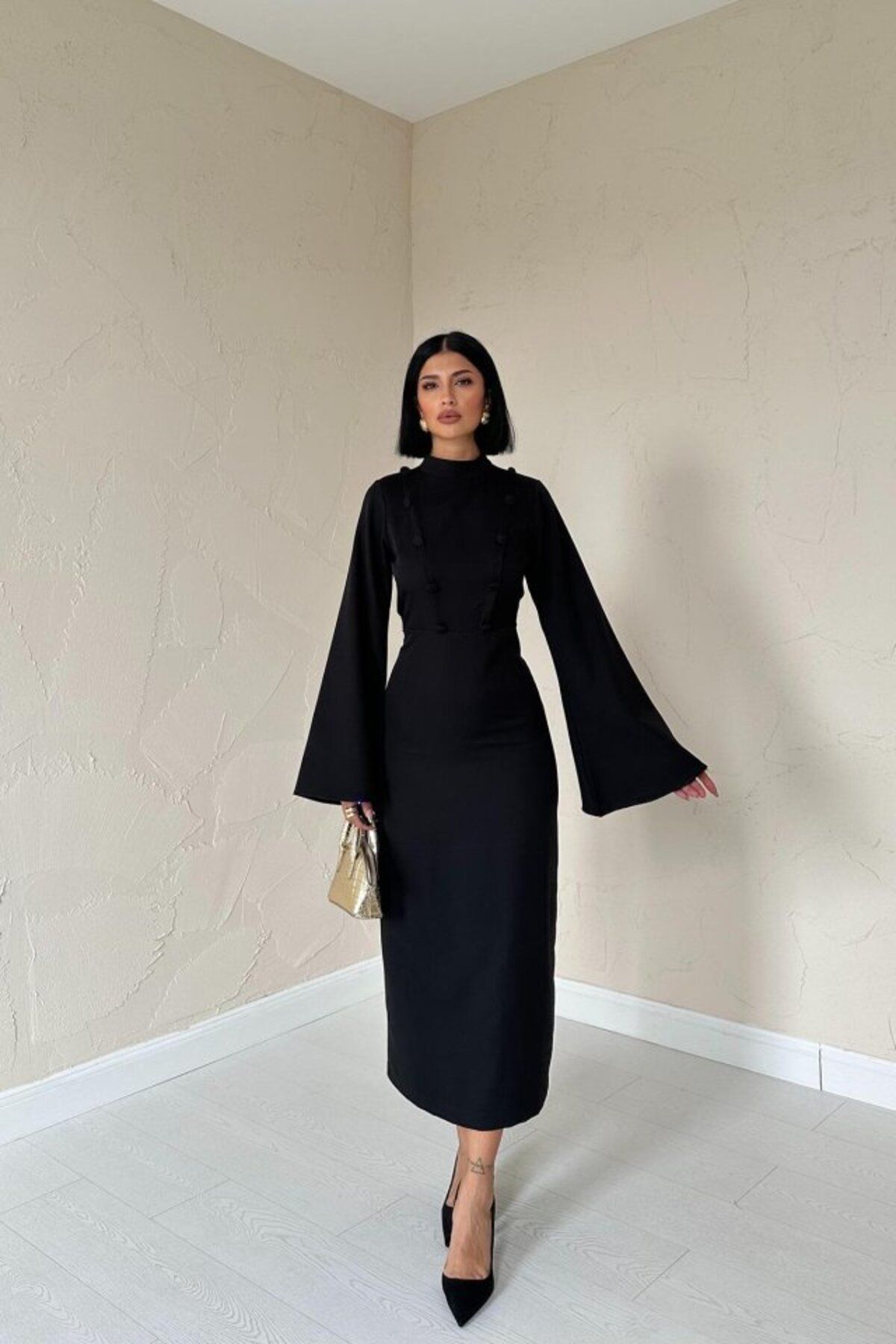 ARUZ MODA Siyah Tek Kollu Elbise