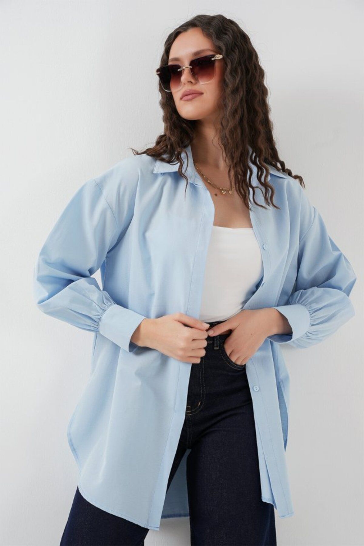 ARUZ MODA 5946 Oversize Uzun Gömlek Tunik - Mavi