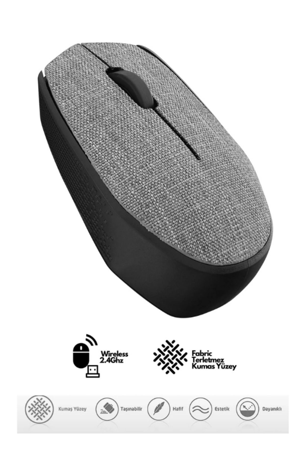 Hietech Gri Kablosuz USB 2.4Ghz Terletmez Kumaş Fabric Yüzey 1.200Dpi Hafif Kablosuz Mouse