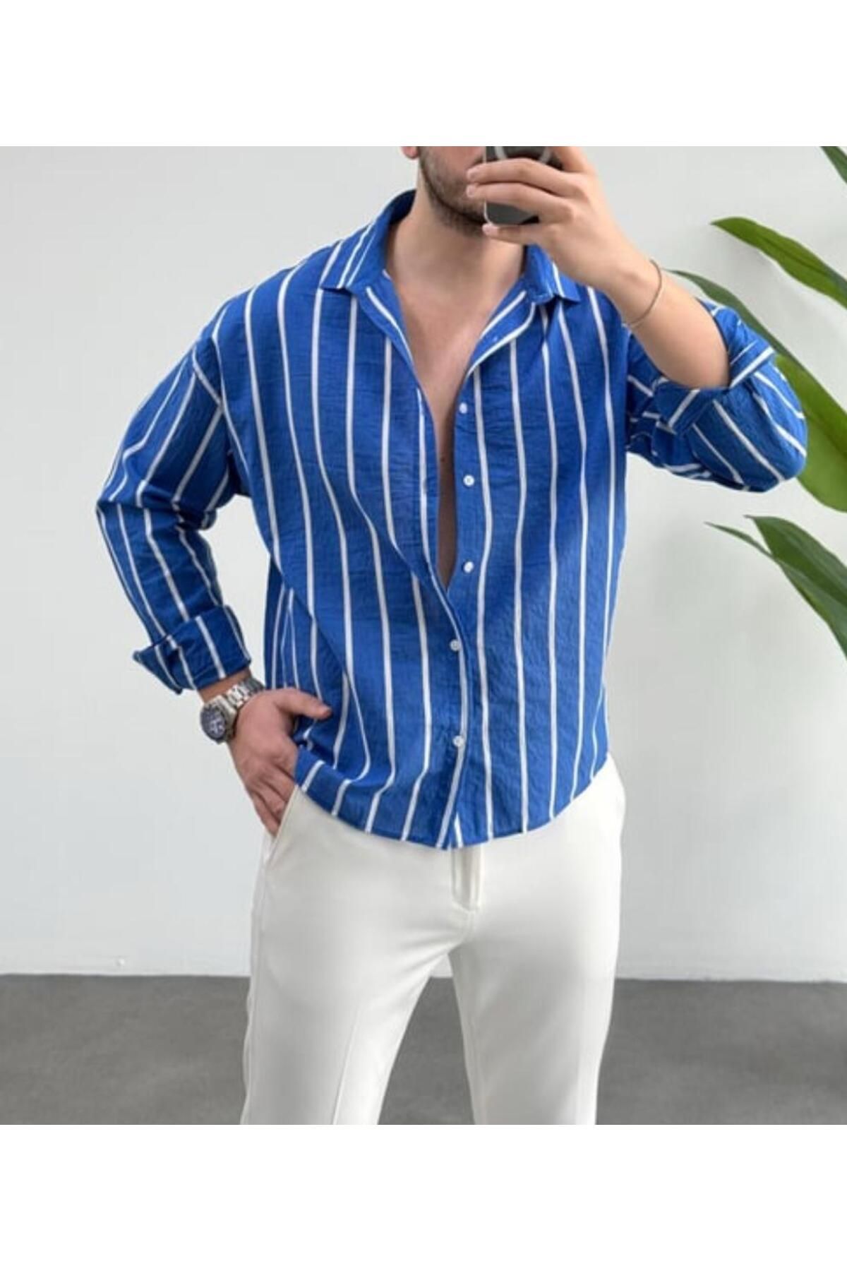 JACK CAPRİO Erkek Keten Çizgili Yeni Sezon Oversize Gömlek