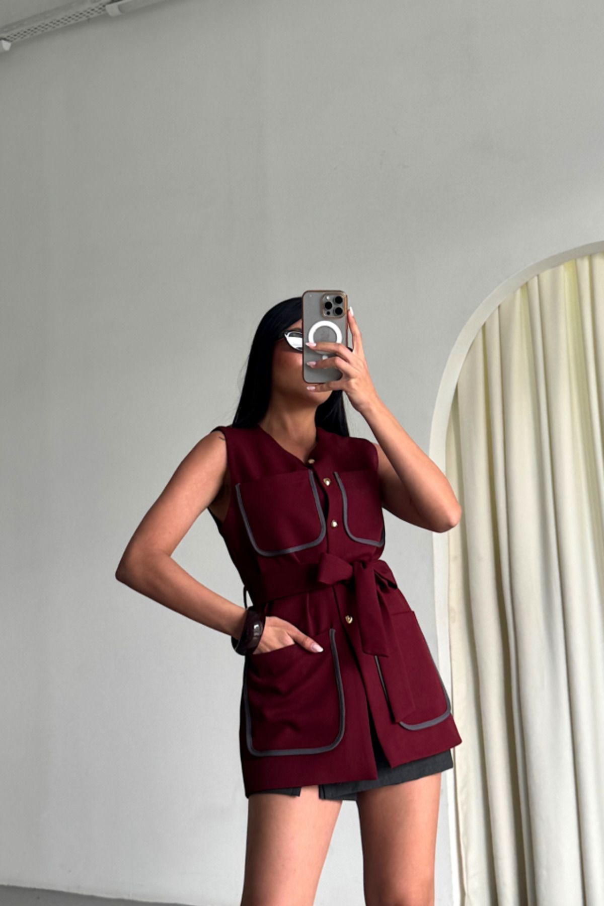 ARUZ MODA BÜYÜK CEP BİYE DETAYLI YELEK - Bordo