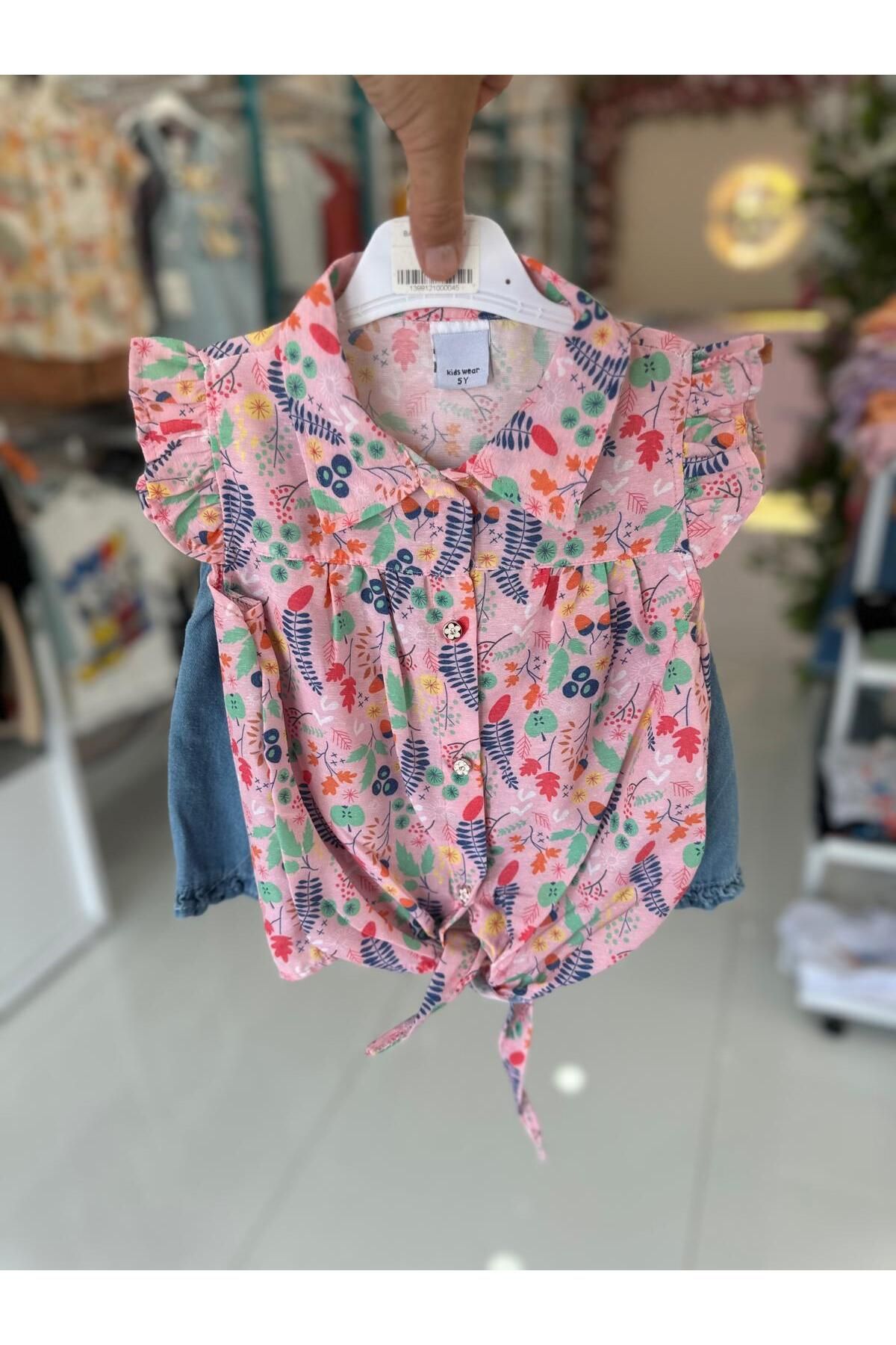 Kids Wear KİDS WEAR GÖMLEK KOT ŞORTLU KIZ ÇOCUK TAKIM