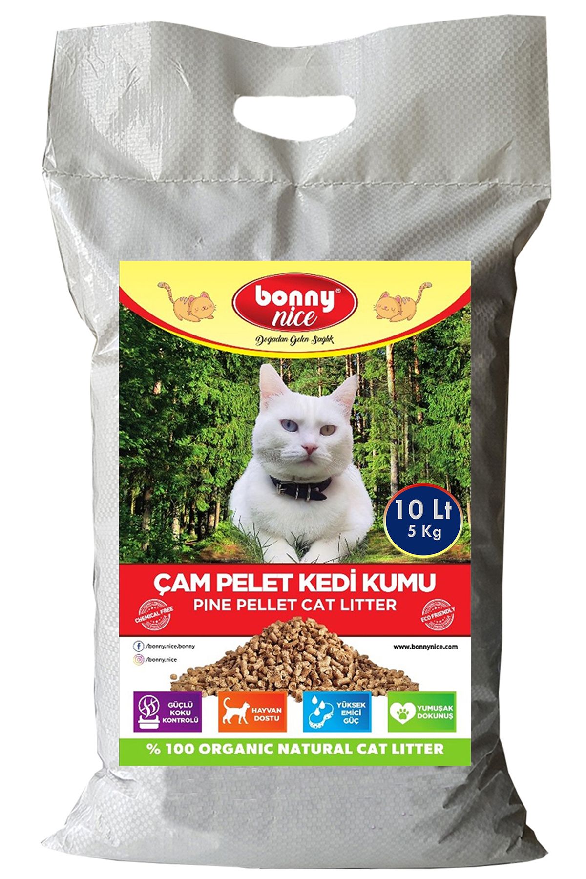 Bonny Nice Yavru/Yetişkin için %100 Biyobozunur- Astımlı ve Alerjik için Doğal Çam Peleti Kedi Kumu 5 Kg 10 Lt.