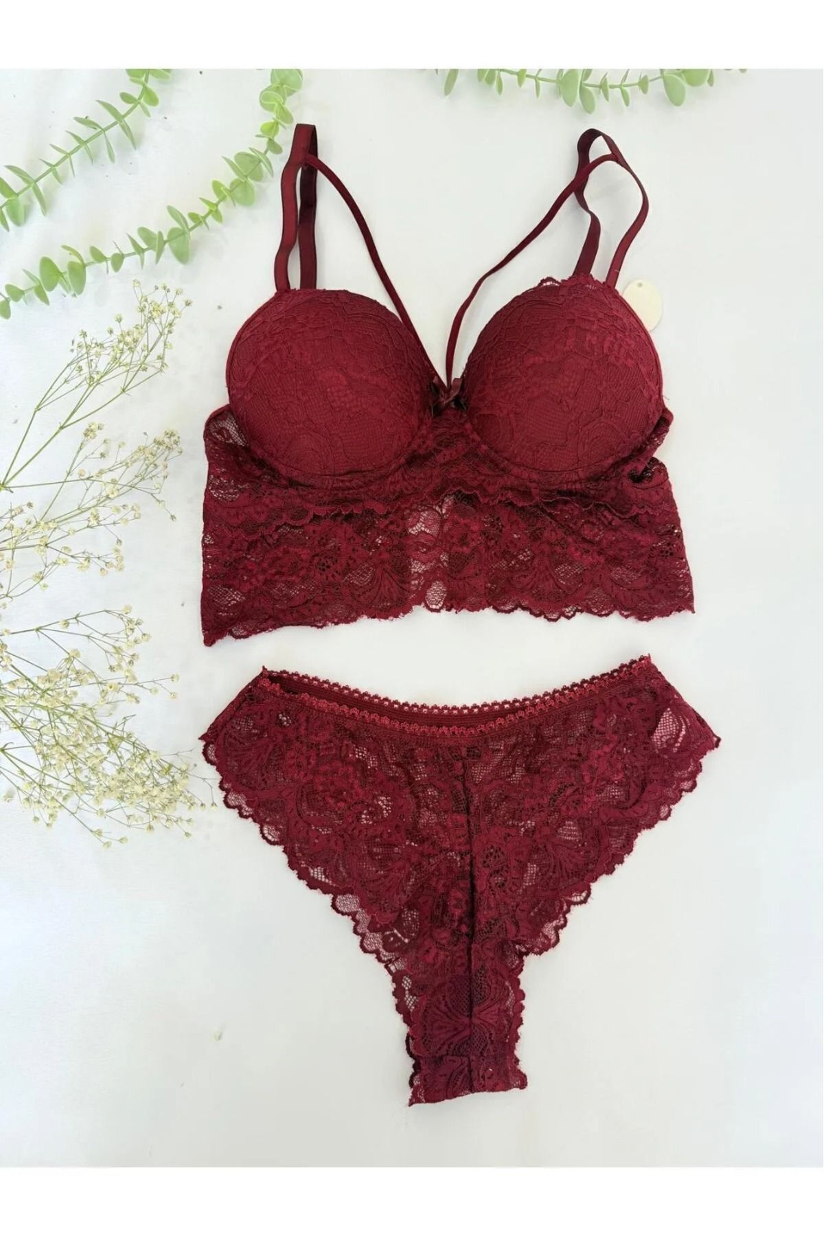 Olivia Carmen Olivia Carden Bordo Dolgulu Dantel Korseli Şık Ve Rahat Bralet Sütyen Takım
