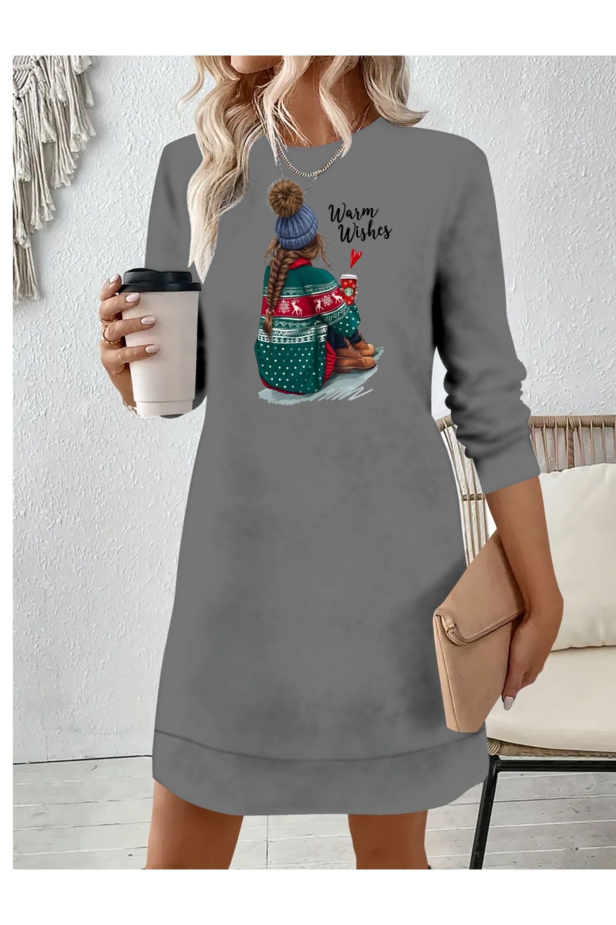 ARUZ MODA Kadın Uzun Kollu Bisiklet Yaka Desenli Viskon Iki Iplik Elbise