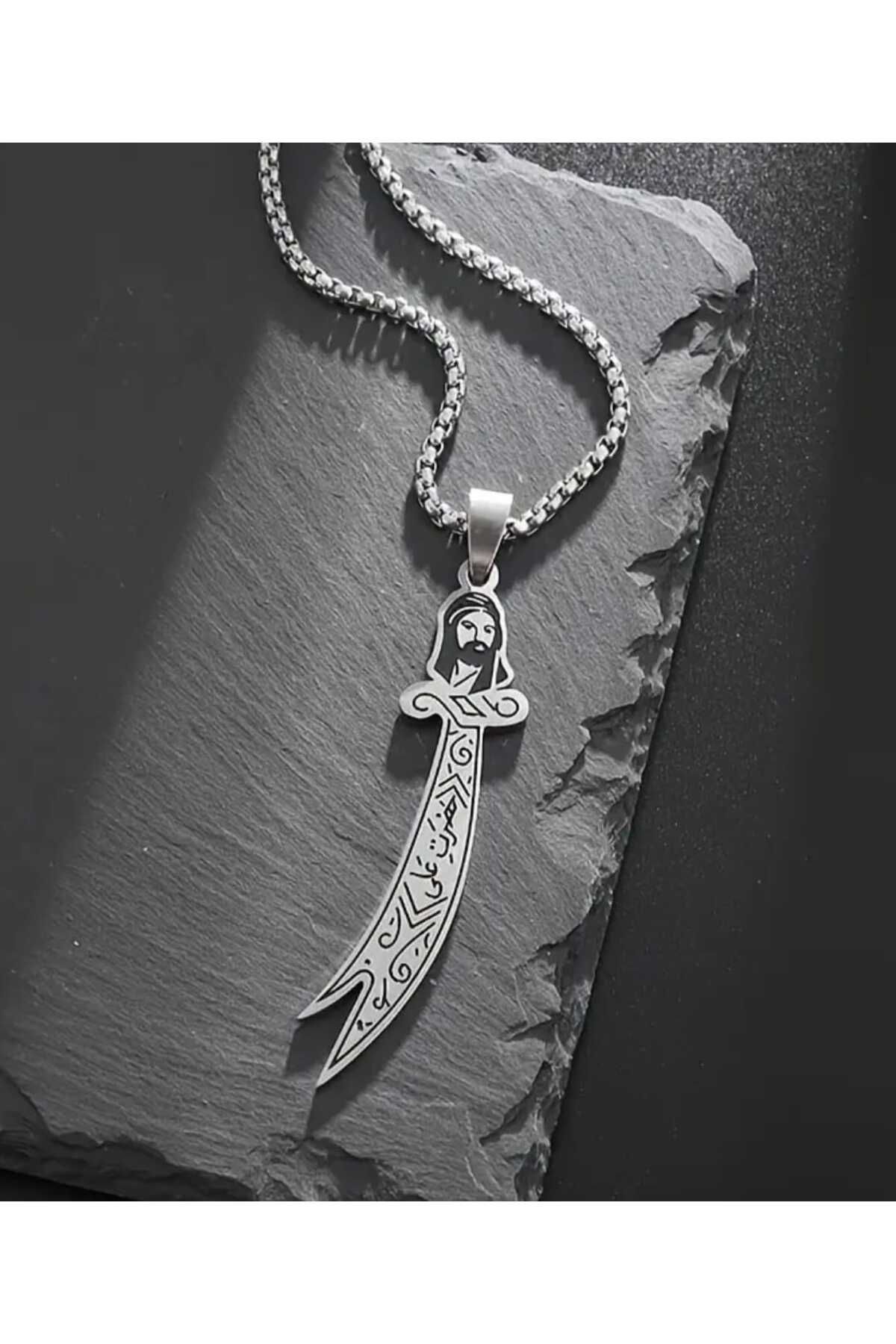 sarıyer silver Zülfikar Model Kılıç Hz. Ali Kılıcı Çelik Kolye Ucu Ve Çelik Zincir Geleneksel İşleme Kolye