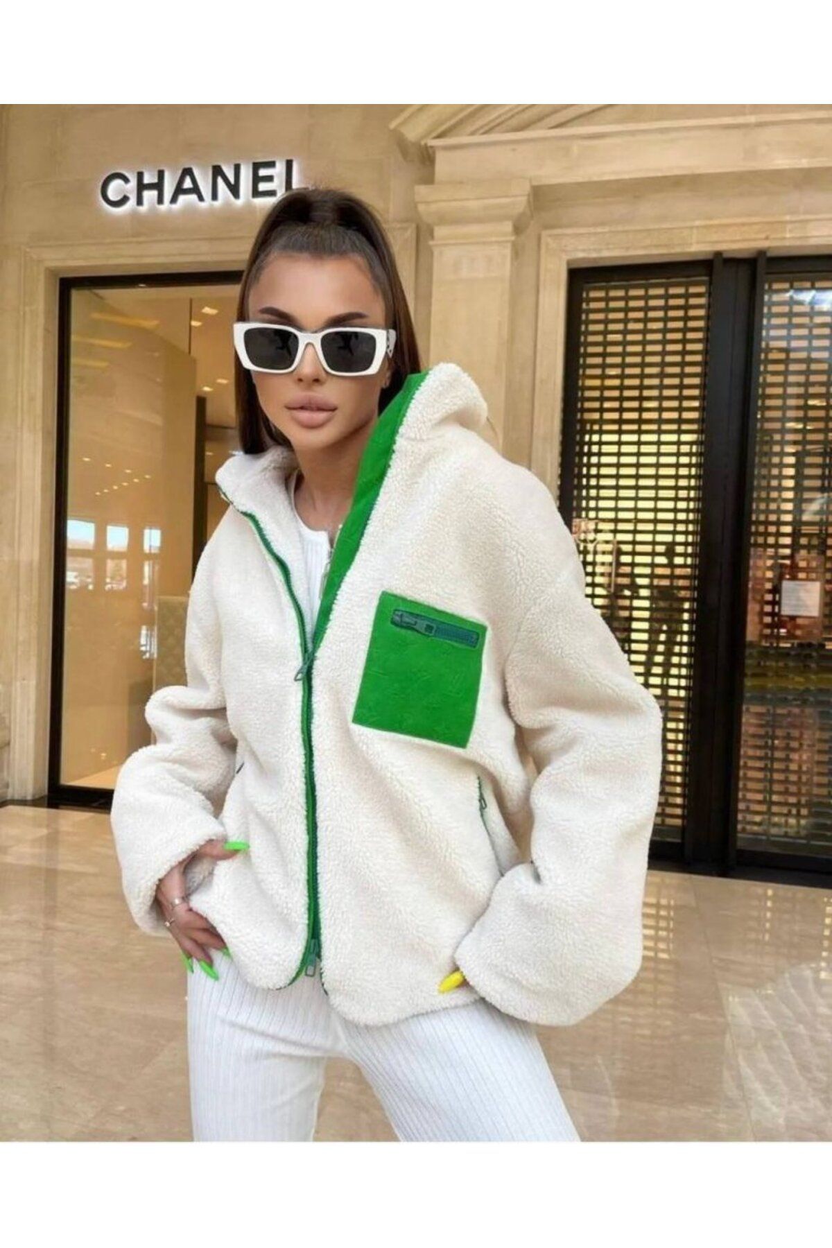 ARUZ MODA Kadın Uzun Kollu Renkli Cep Ve Fermuar Detay Peluş Mont
