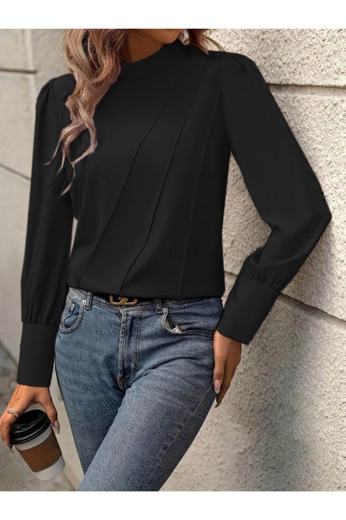ARUZ MODA Kadın Uzun Kollu Balıkçı Yaka önden Dikişli Dokuma Bluz