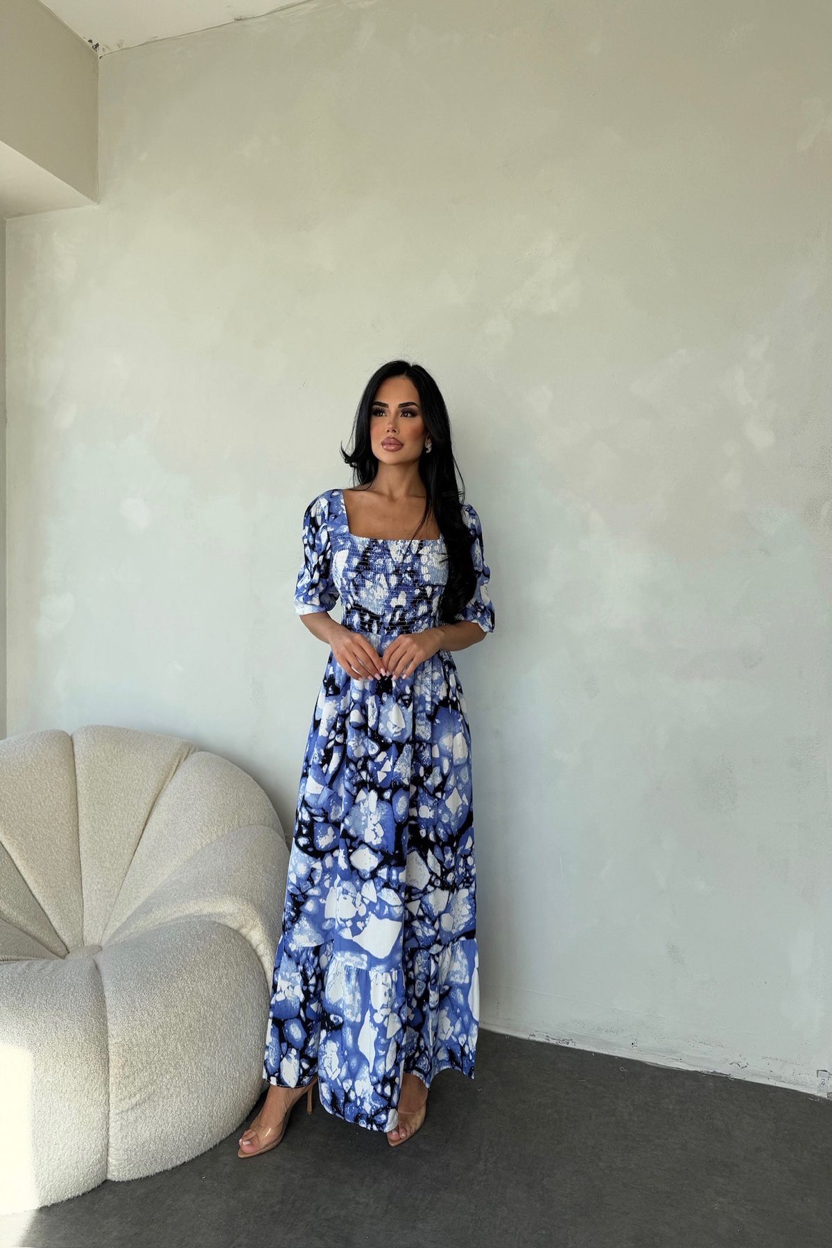 kamacibutik Kare Yaka Viskon Kumaş Etnik Desenli Elbise ( Standart Beden S/M/L/XL Uyumlu)