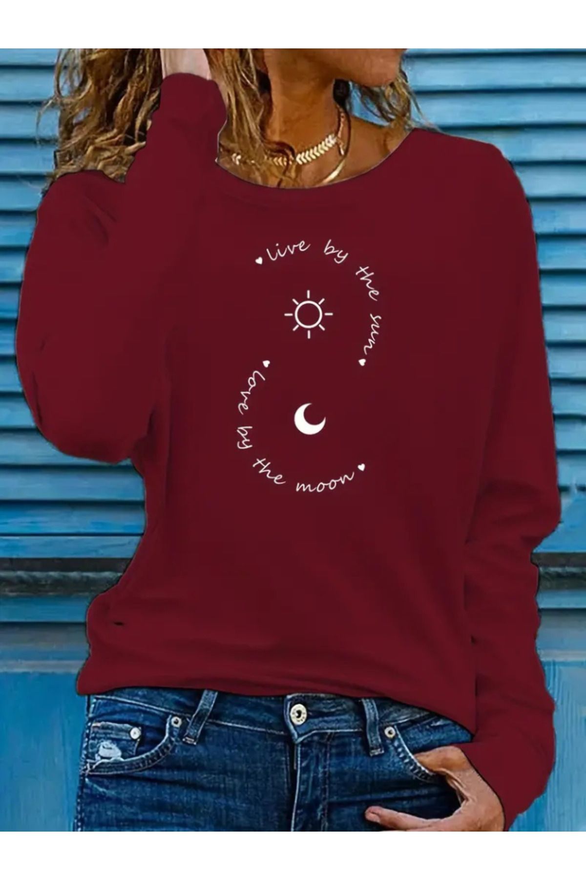 ARUZ MODA Kadın Uzun Kollu Bisiklet Yaka Desenli Viskon Bluz