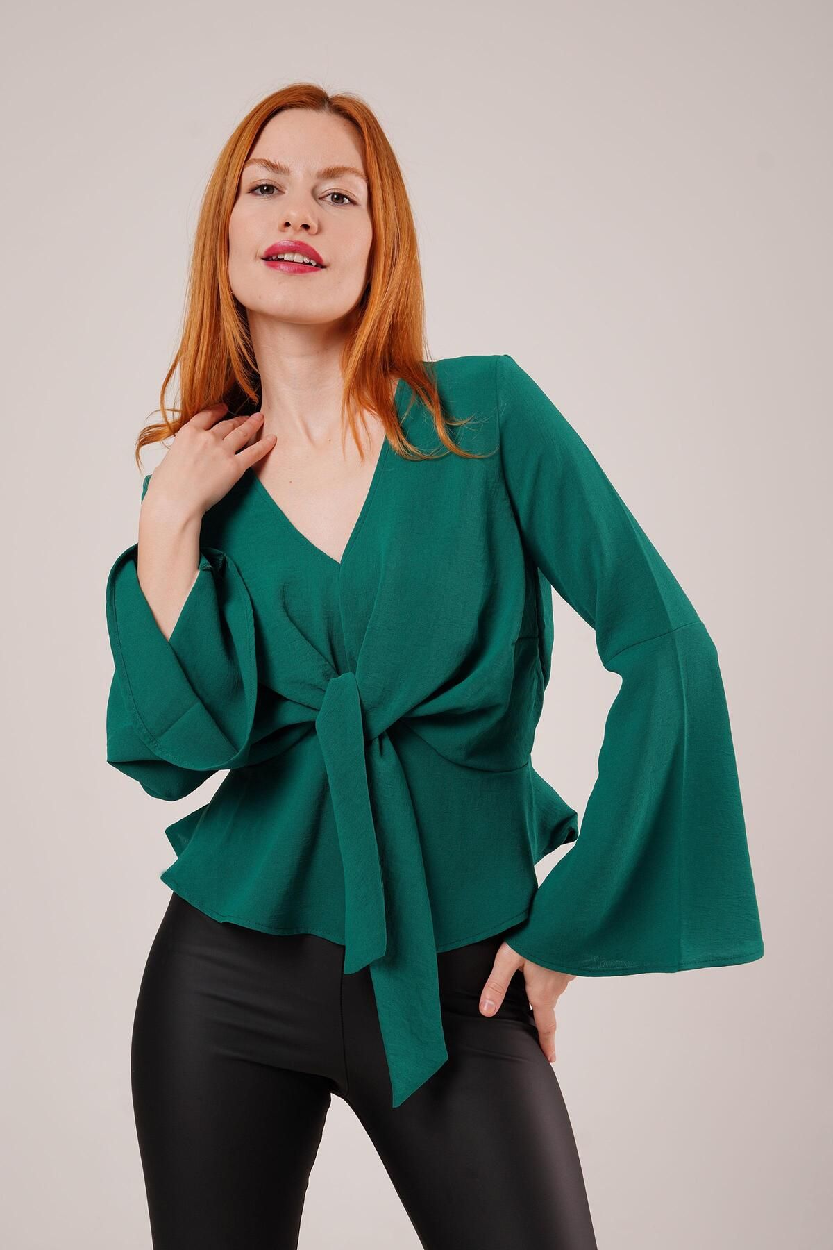 ARUZ MODA Ön Bağlamalı Volan Kol Yeşil Bluz