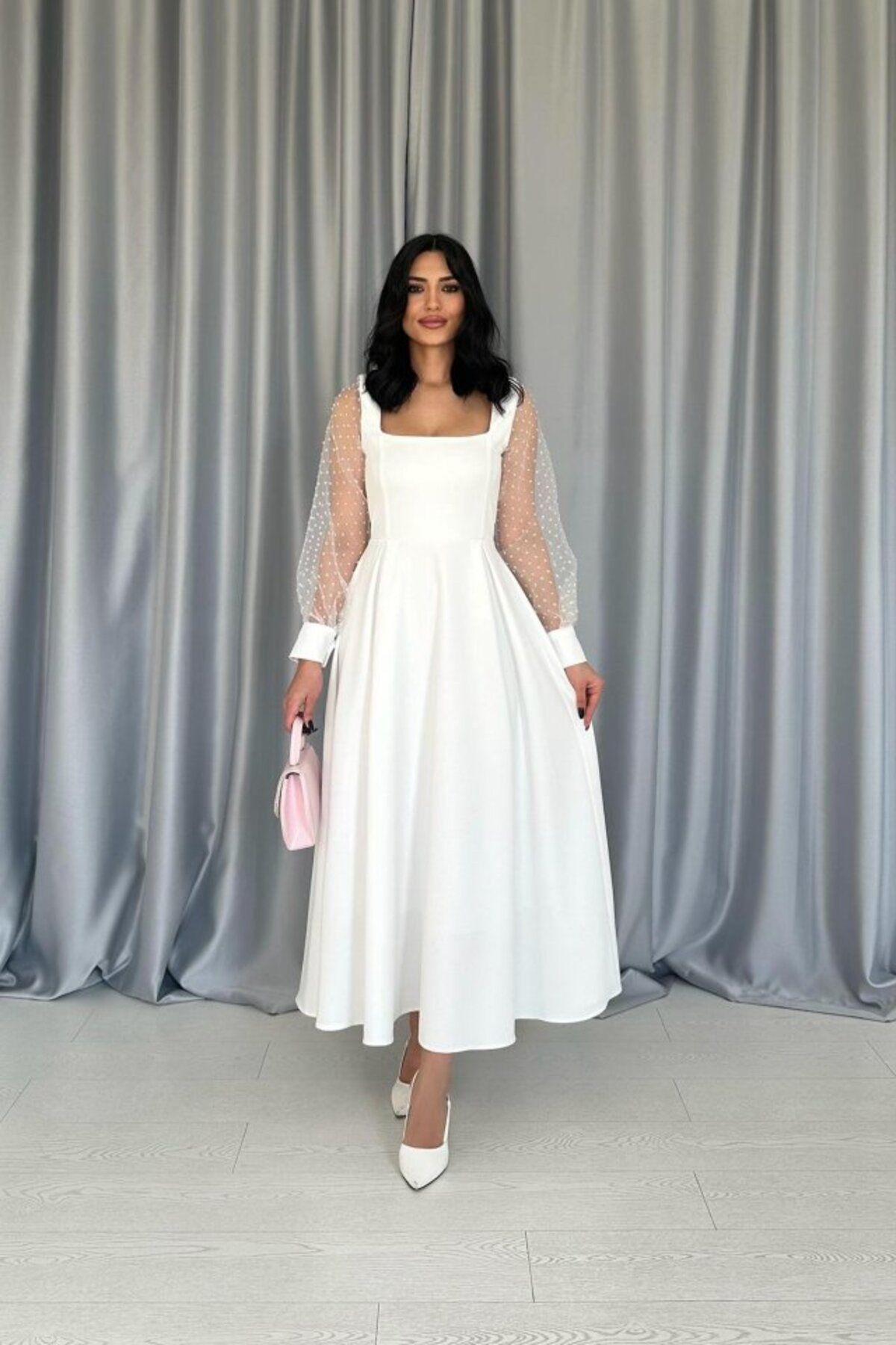 ARUZ MODA Beyaz Kolları Organze Kuplu Elbise