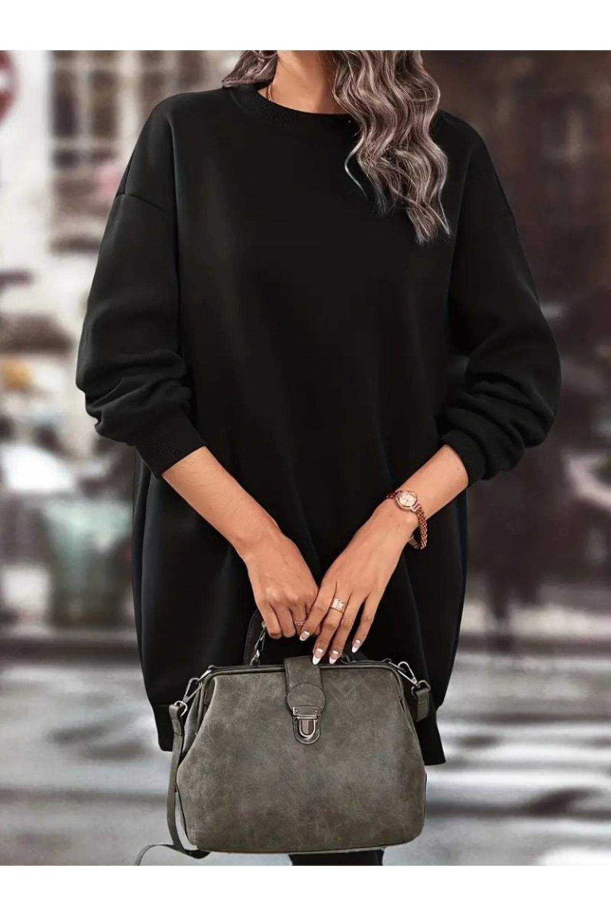 ARUZ MODA Kadın Uzun Kollu Bisiklet Yaka Iki Iplik Elbise
