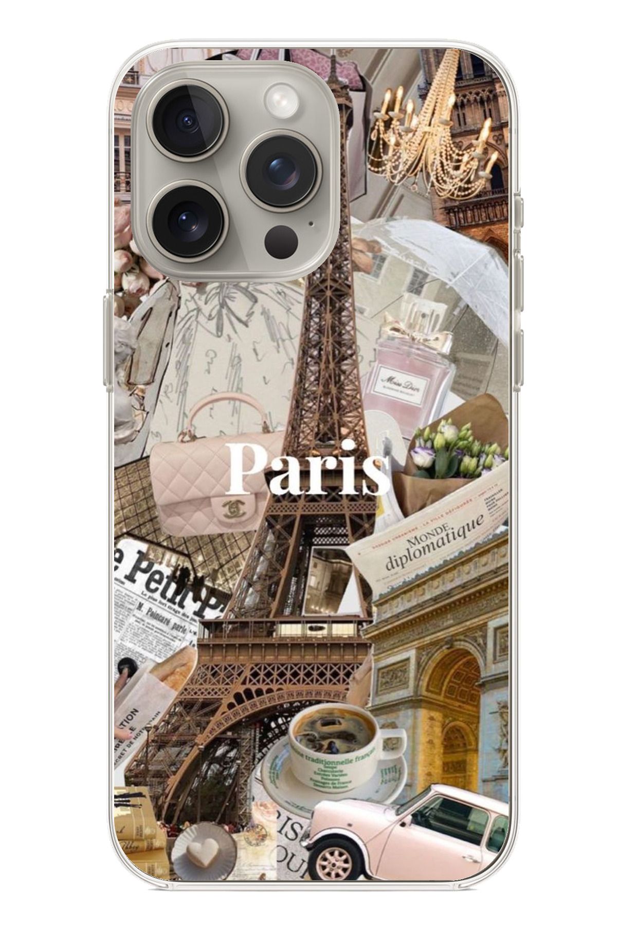 TechTree iPhone 15 PRO Uyumlu Paris Kolaj Şeffaf Silikon Kılıf