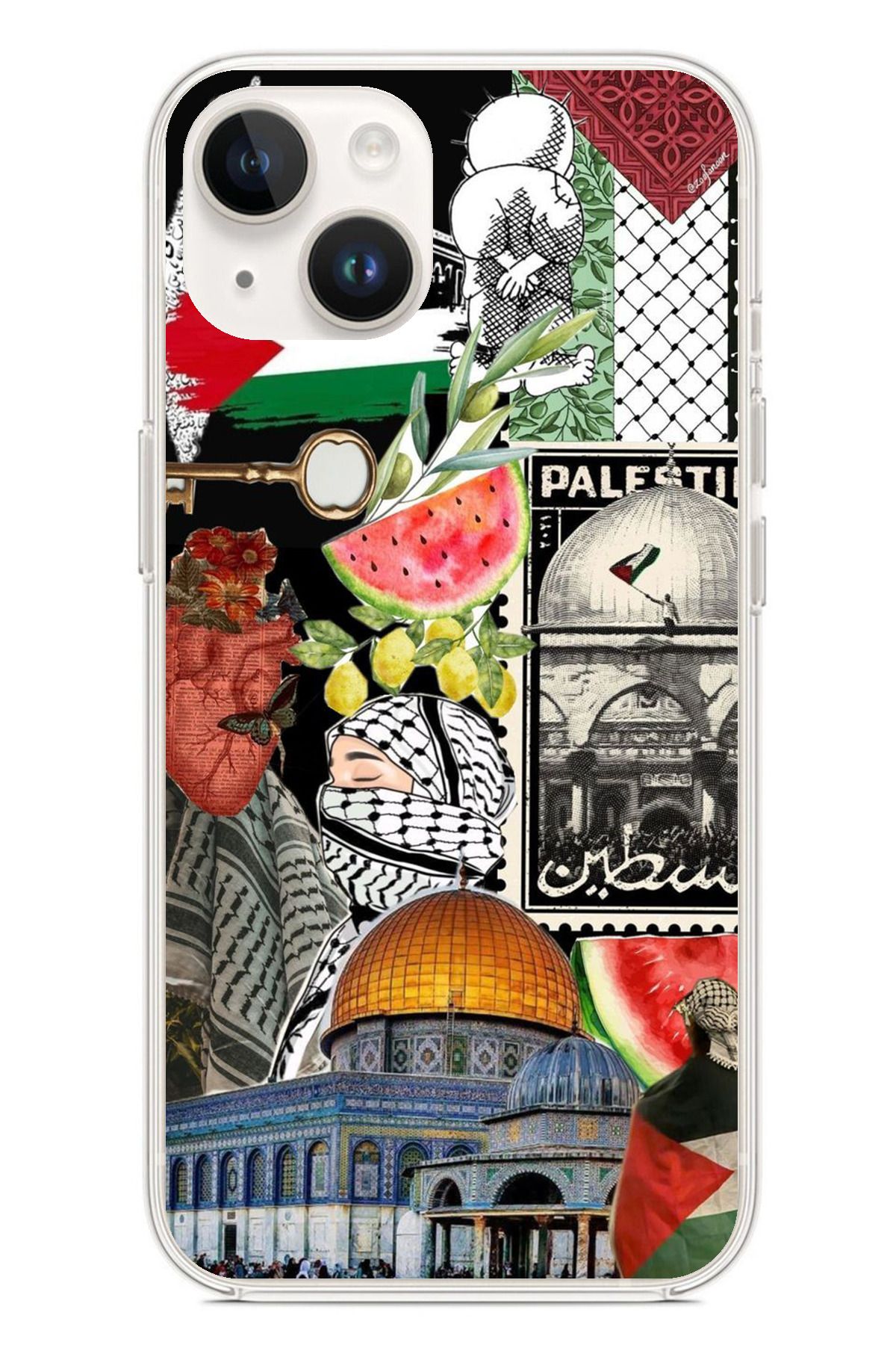 TechTree iPhone 14 PLUS Uyumlu Filistin Özgürlük Kolajı Şeffaf Silikon Kılıf