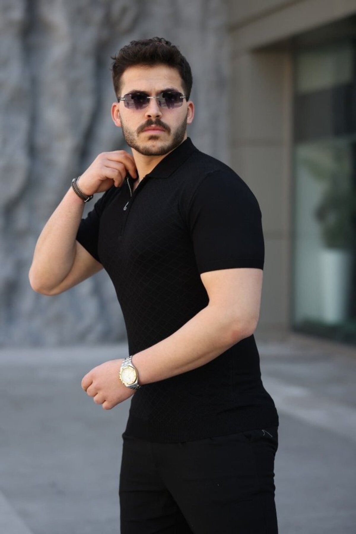 ARUZ MODA Erkek Viskon Kumaş Polo Yaka Desenli Tişört