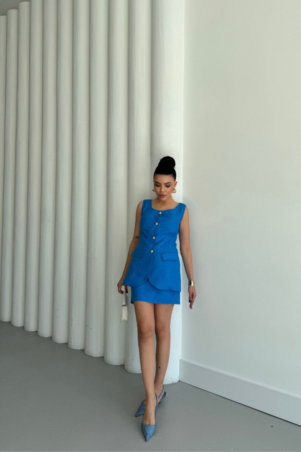 ARUZ MODA JAKAR KETEN YELEK - KISA ETEK TAKIM - Mavi