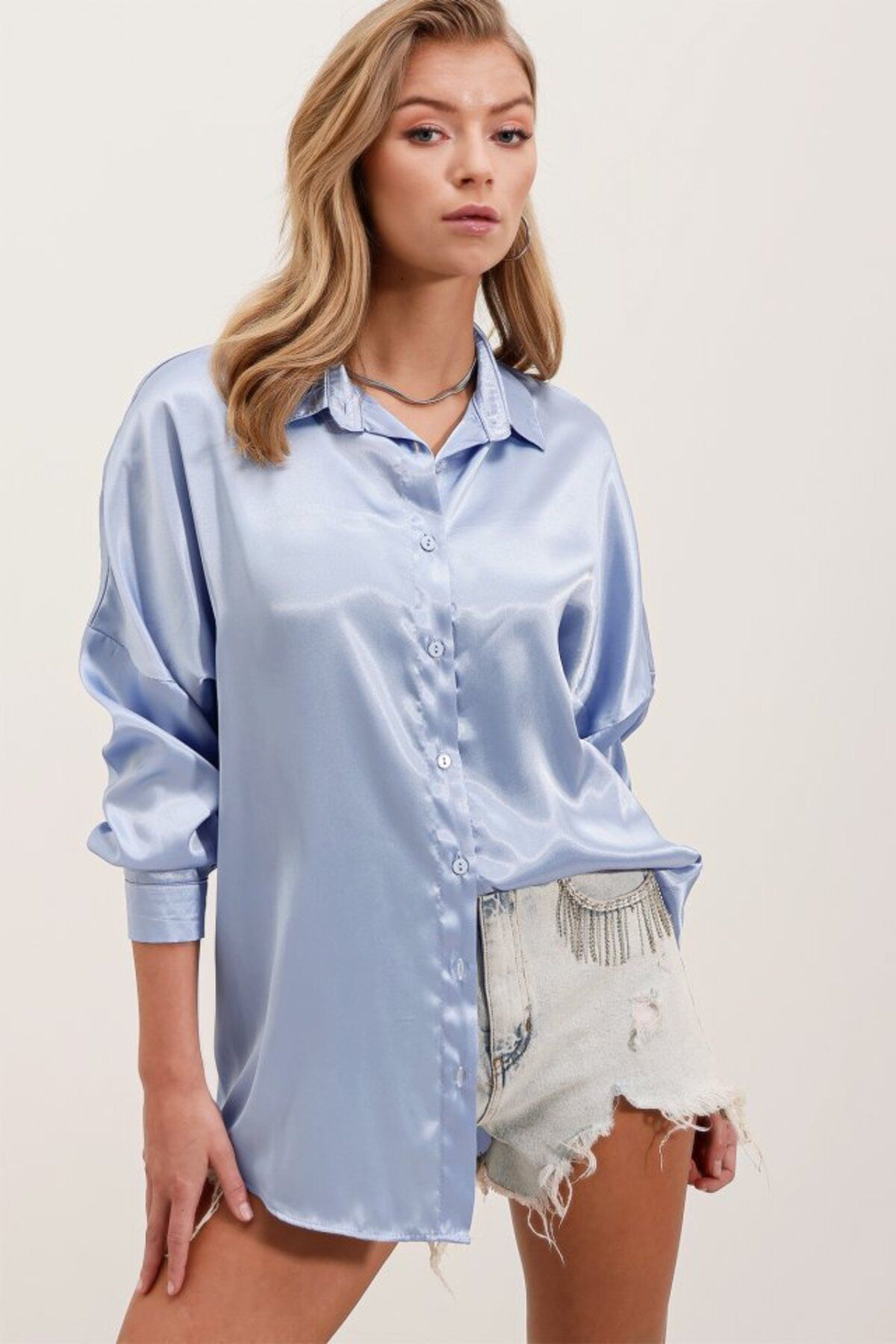 ARUZ MODA 3985 Oversize Saten Gömlek - Mavi