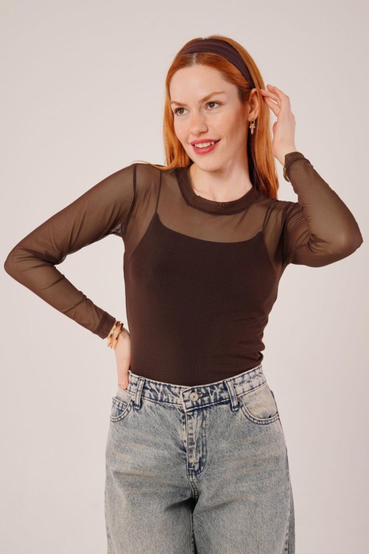 ARUZ MODA Transparan Kahverengi Tül Basic Bluz