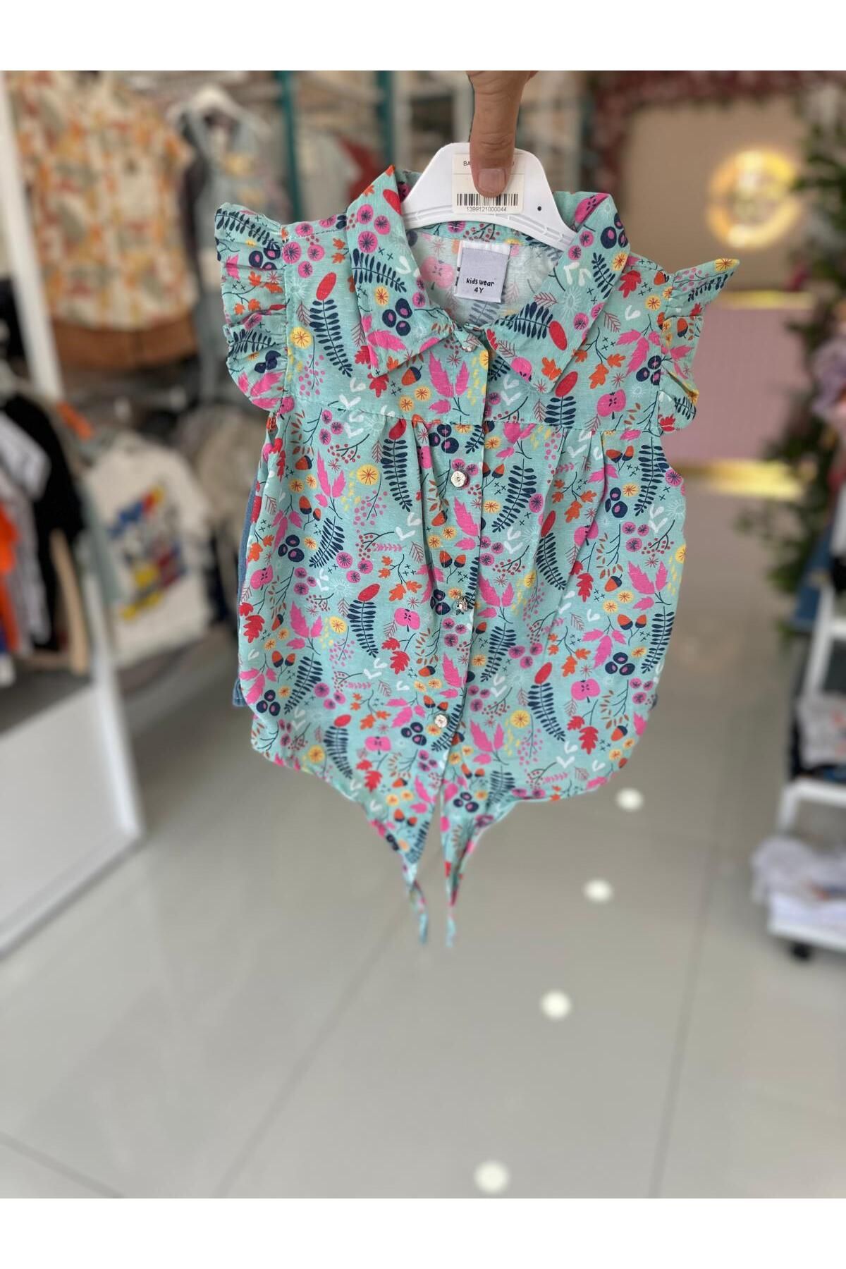 Kids Wear KİDS WEAR GÖMLEK KOT ŞORTLU KIZ ÇOCUK TAKIM