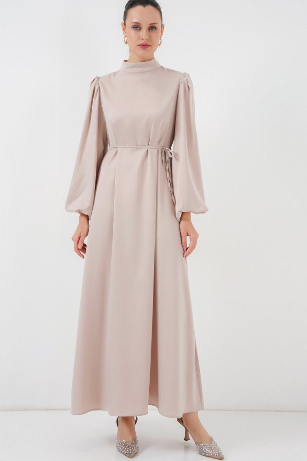 ARUZ MODA 2510 Saten Tesettür Abiye Elbise - M. Krem