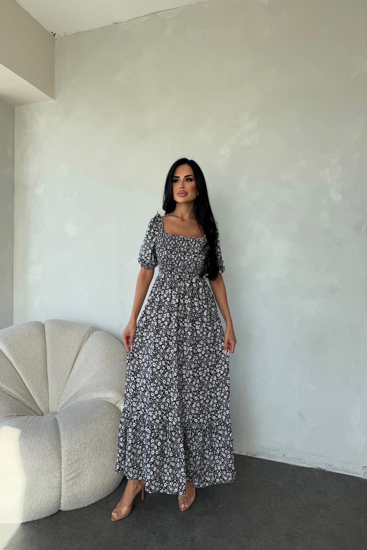 kamacibutik Kare Yaka Viskon Kumaş Çiçek Desenli Elbise ( Standart Beden S/M/L/XL Uyumlu)