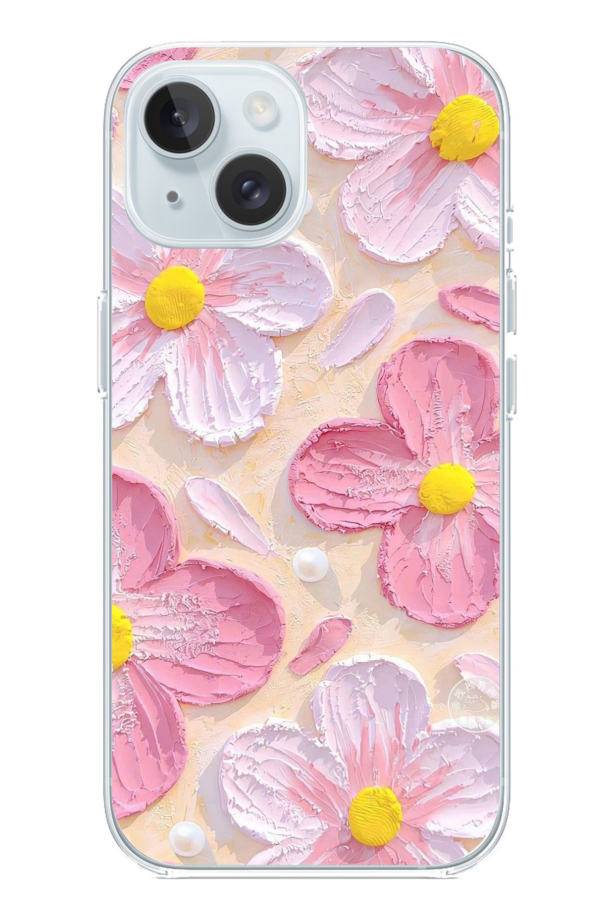 TechTree iPhone 15 Uyumlu Pembe Beyaz Çiçekler Sulu Boya Şeffaf Silikon Kılıf