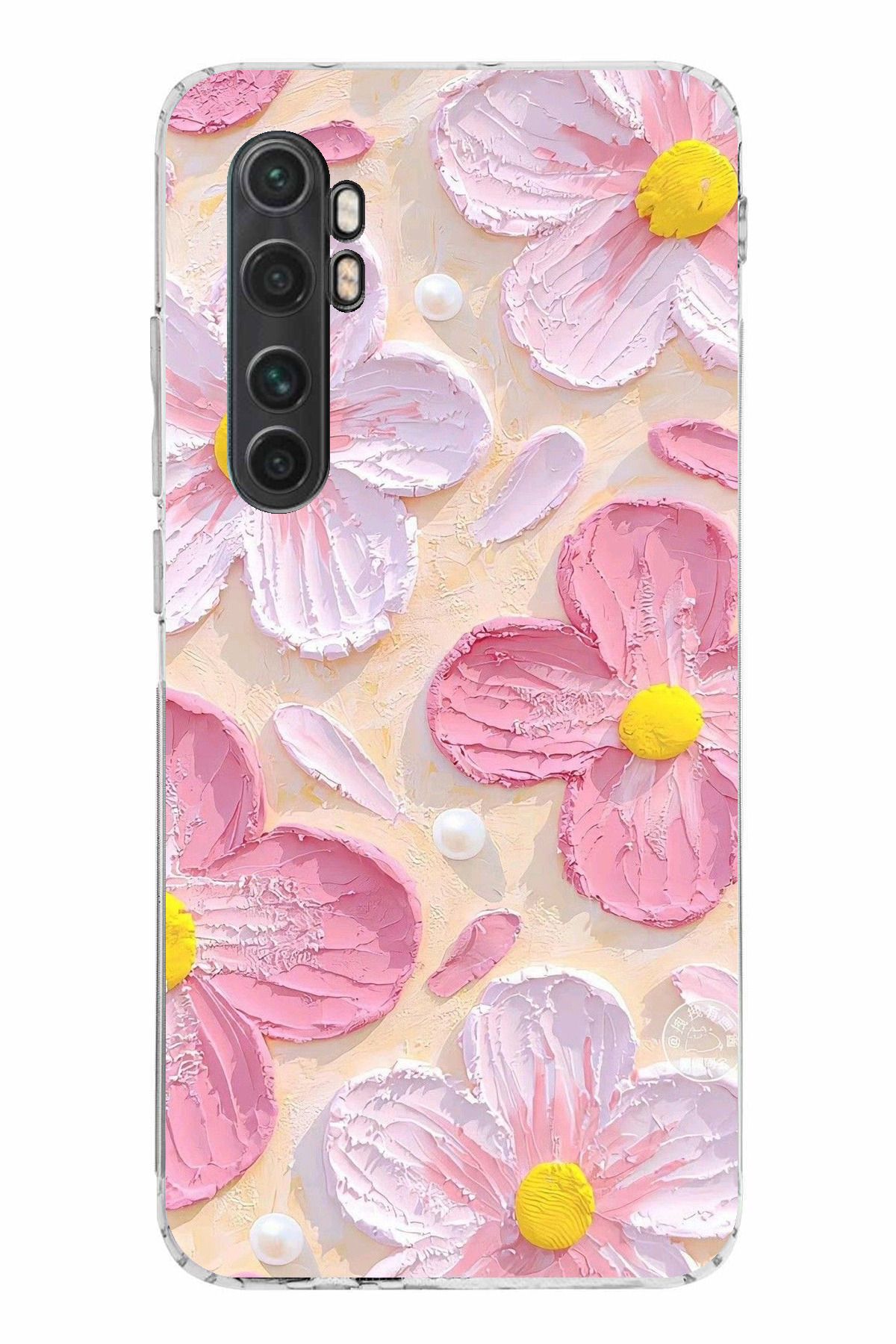 TechTree Mi Note 10 Lite Uyumlu Pembe Beyaz Çiçekler Sulu Boya Şeffaf Silikon Kılıf