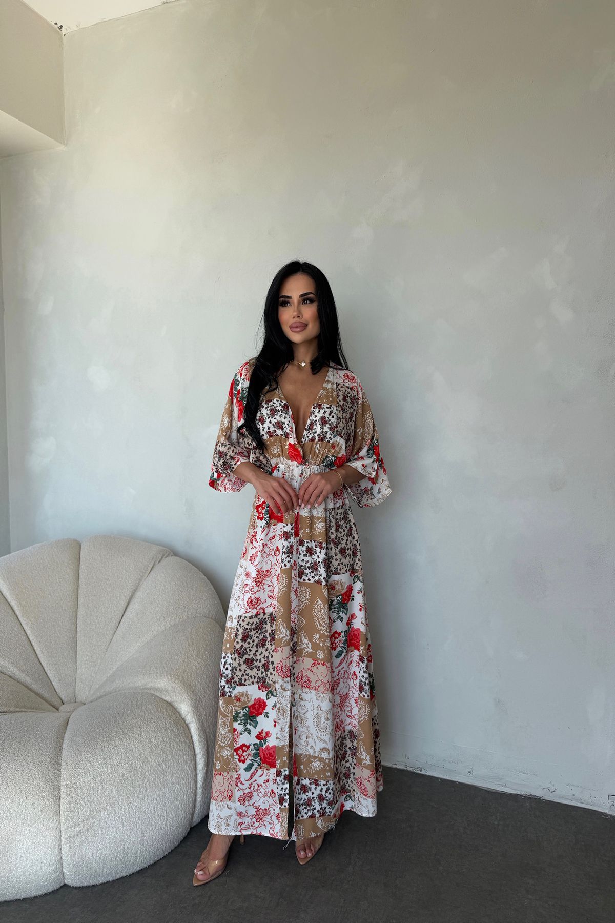 kamacibutik Kruvaze Yaka Viskon Kumaş Çiçek Desenli Elbise