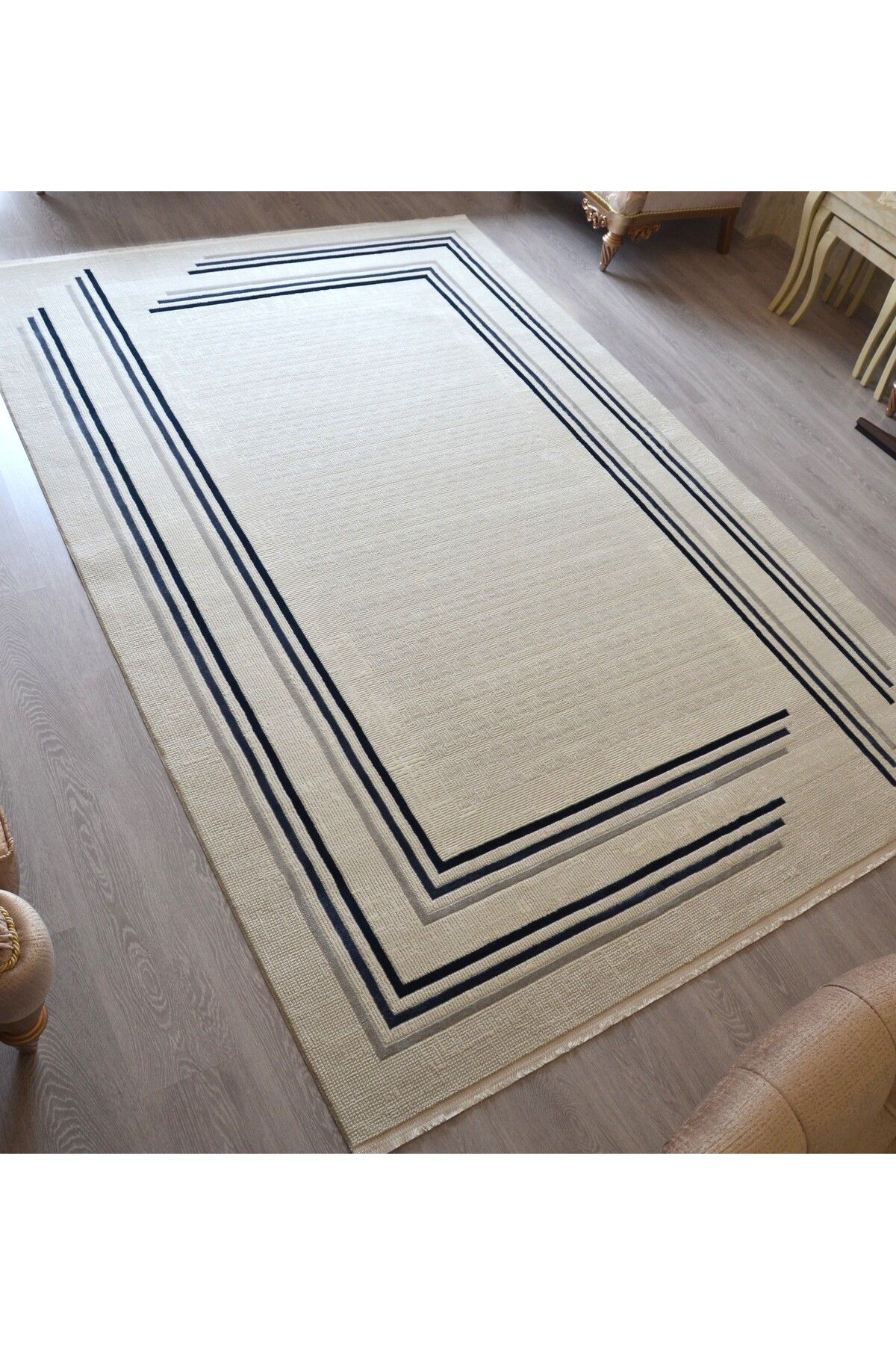 Home Lacivert Çizgili Kremrengi Polip Polyester Salon Halısı