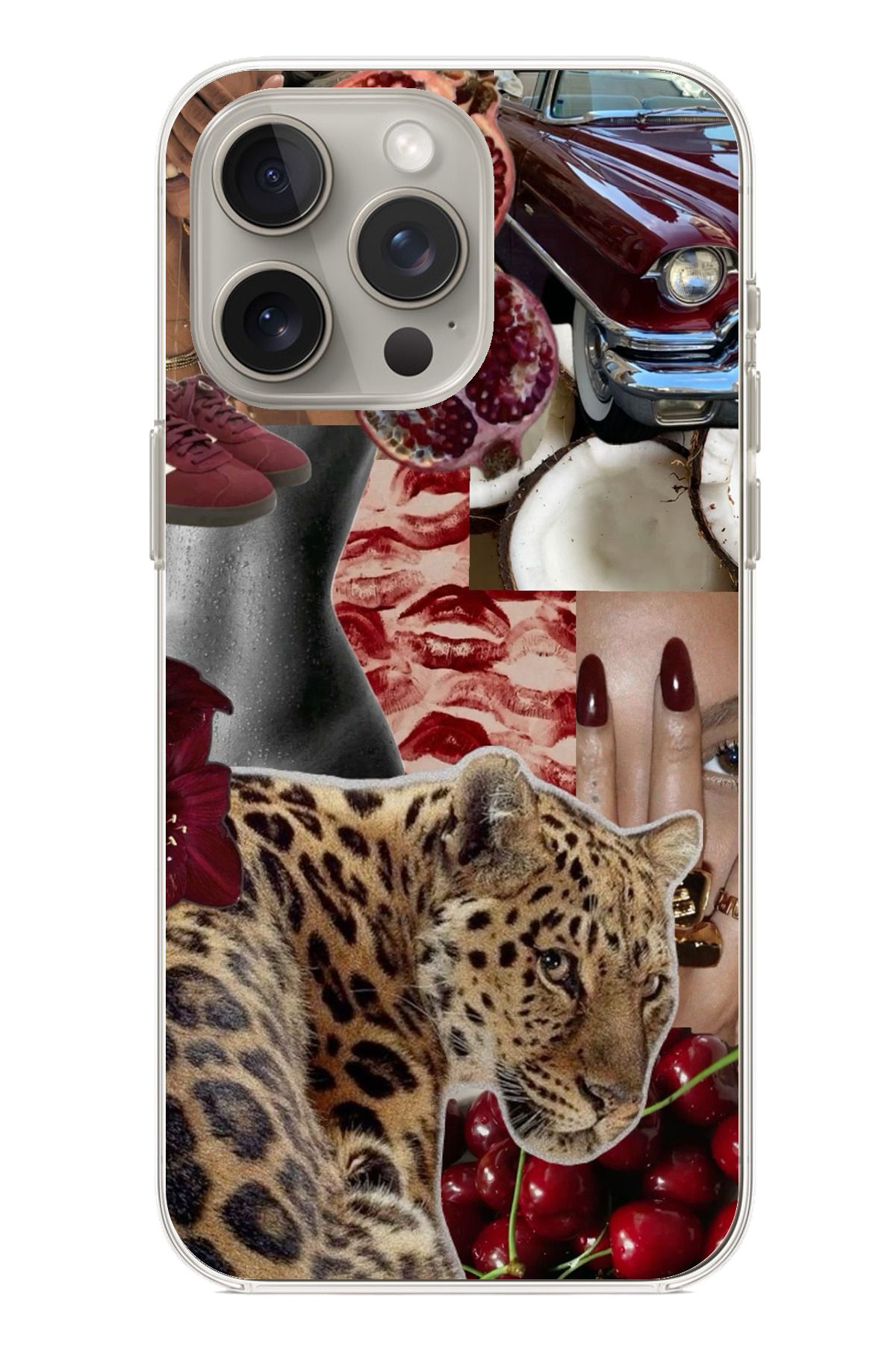 TechTree iPhone 15 PRO Uyumlu Leopar Kırmızı Vibes Şeffaf Silikon Kılıf