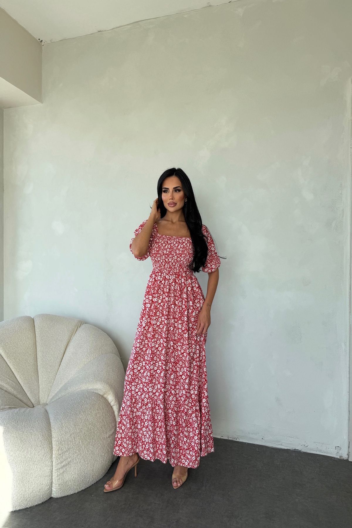 kamacibutik Kare Yaka Viskon Kumaş Çiçek Desenli Elbise ( Standart Beden S/M/L/XL Uyumlu)