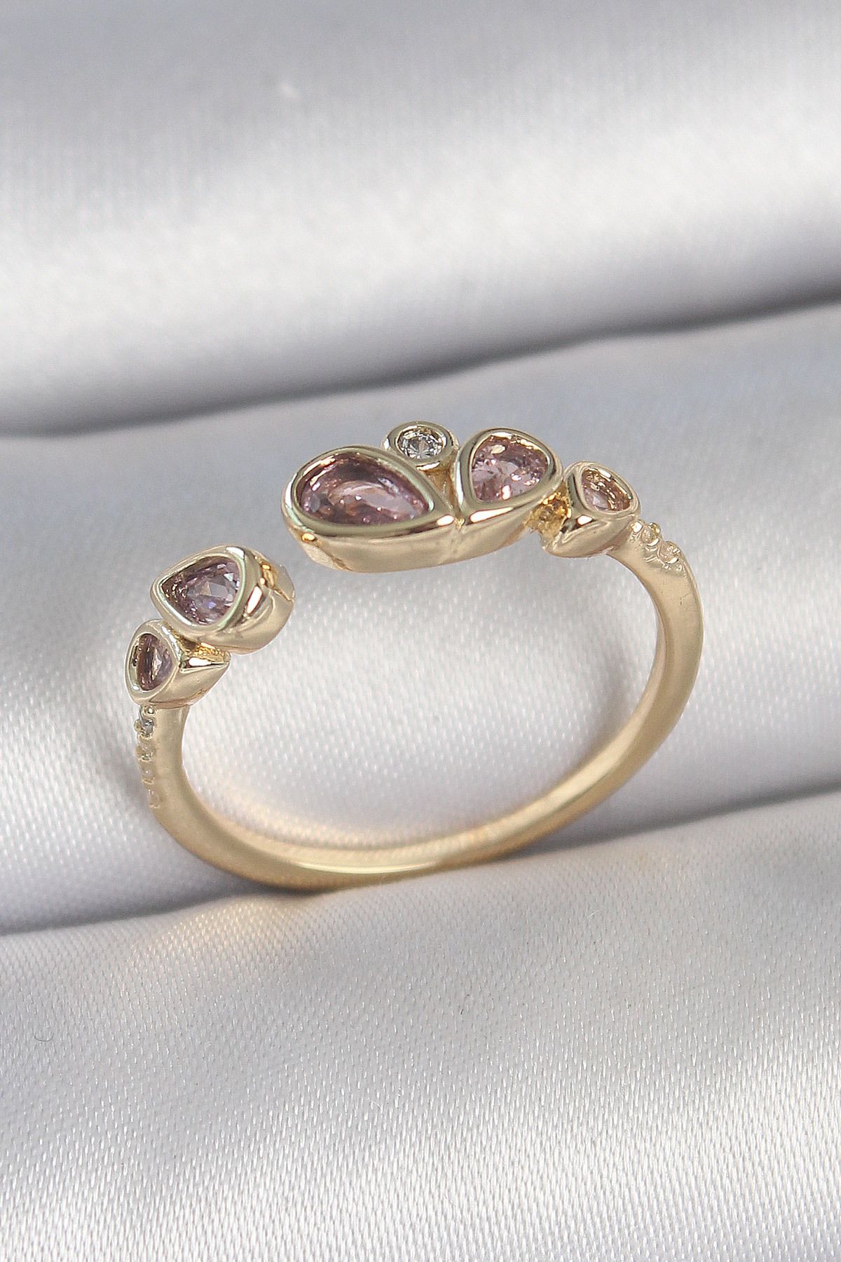 Goşenefmafe Pirinç Gold Renk Pembe Damla Zirkon Taşlı Ayarlanabilir Kadın Yüzük