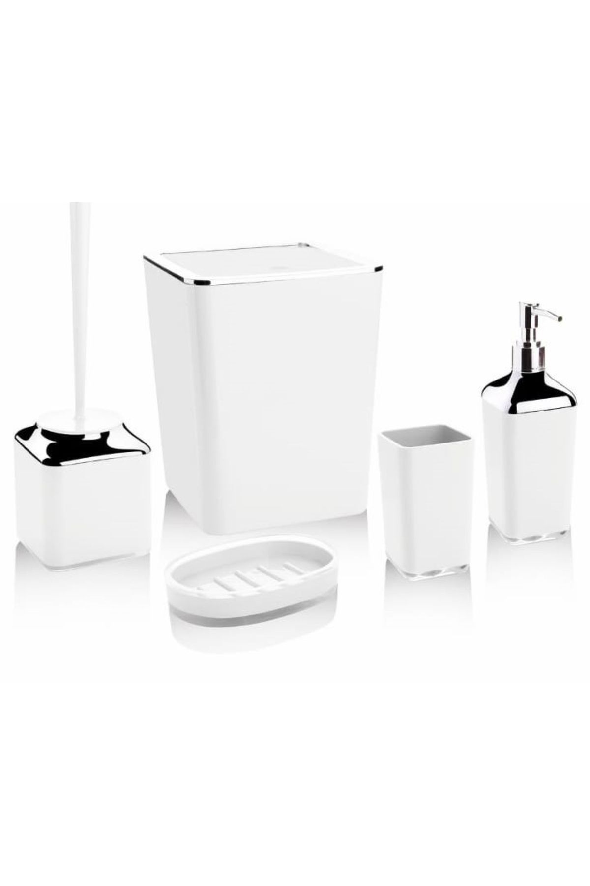 ALKAN PLASTİK 5Lİ/5 PARÇA KROM AKRİLİK BANYO SETİ(ÇÖP KOVASI/TUVALET FIRÇASI/SIVI-KATI SABUNLUK/DİŞ FIRÇALIĞI)