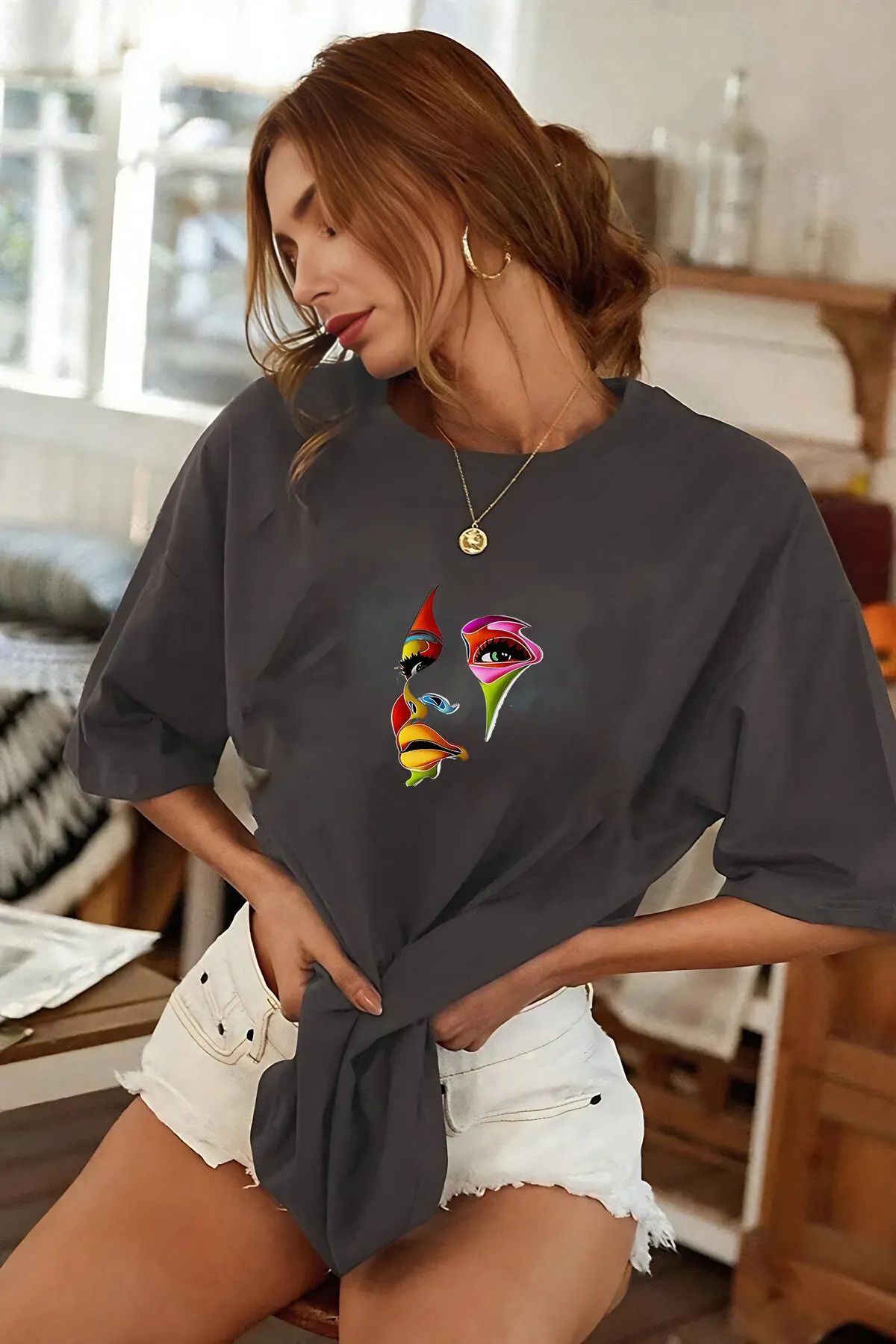 FeaR LeeS önü yüz basklı t-shirt