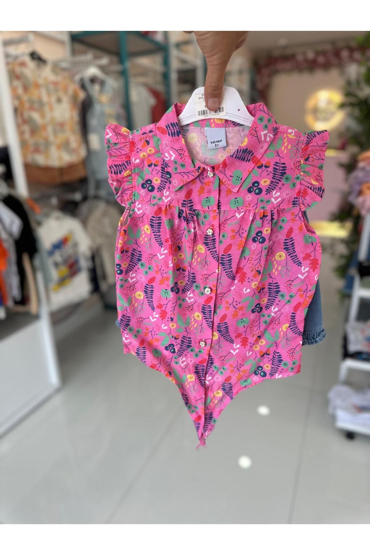 Kids Wear KİDS WEAR GÖMLEK KOT ŞORTLU KIZ ÇOCUK TAKIM
