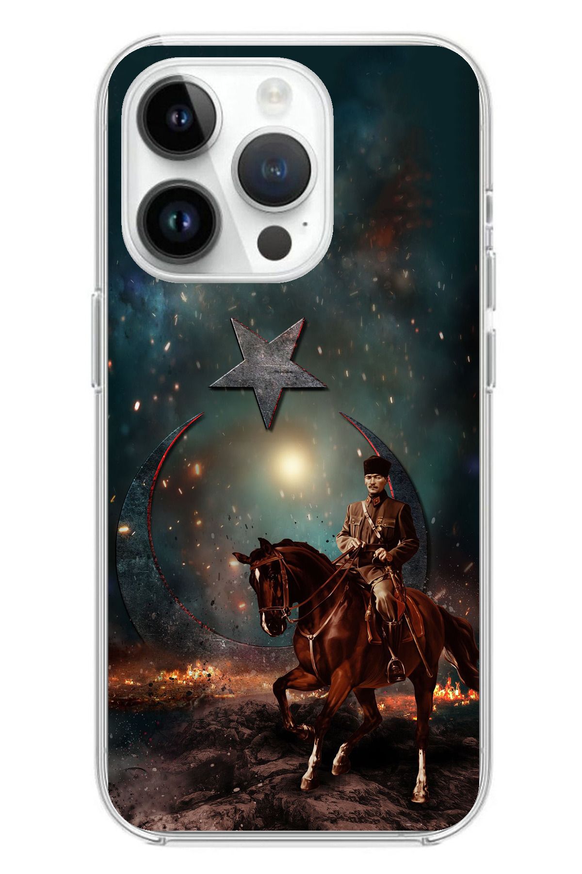 TechTree iPhone 14 PRO Uyumlu Atatürk At Üstünde Zafer Şeffaf Silikon Kılıf