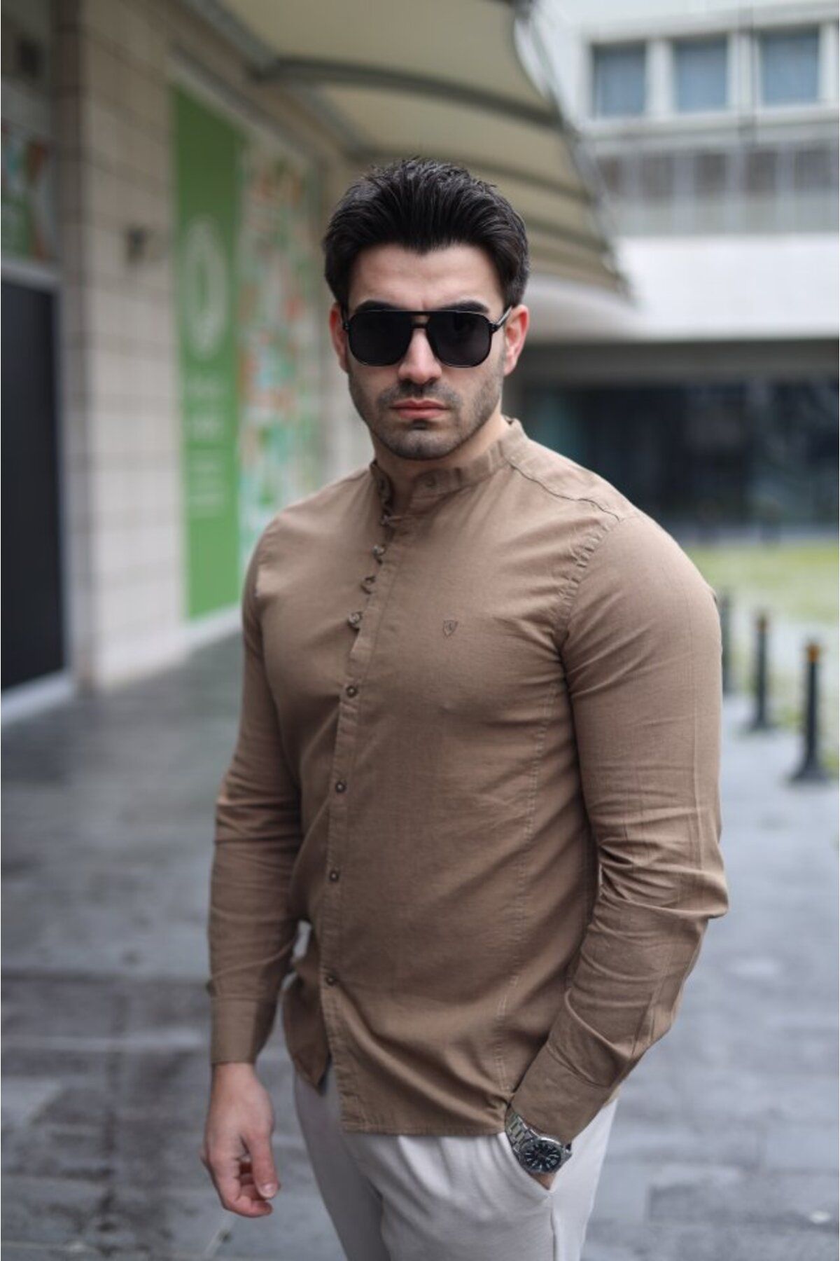ARUZ MODA Erkek Pamuklu Keten Kumaş Hakim Yaka Gömlek