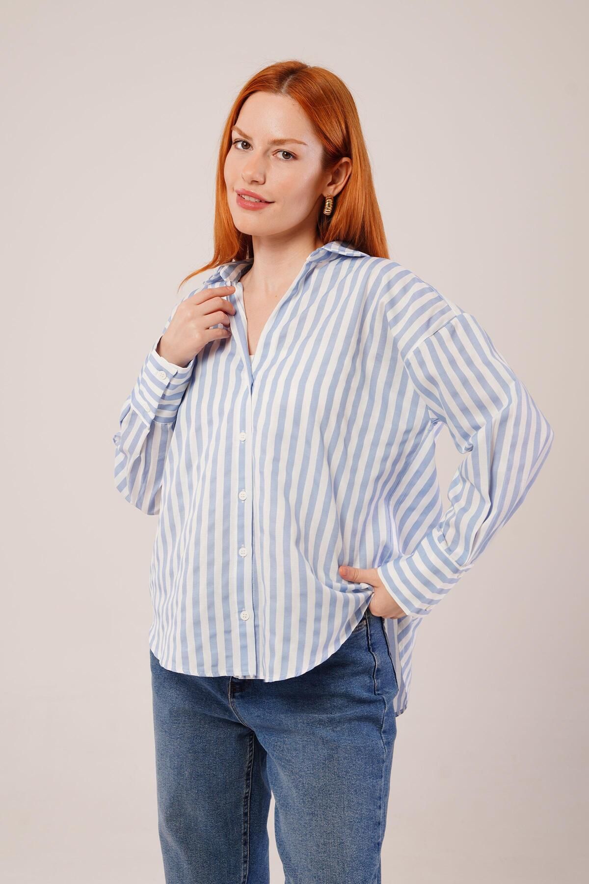 ARUZ MODA Çizgili Rahat Kesim Mavi Gömlek