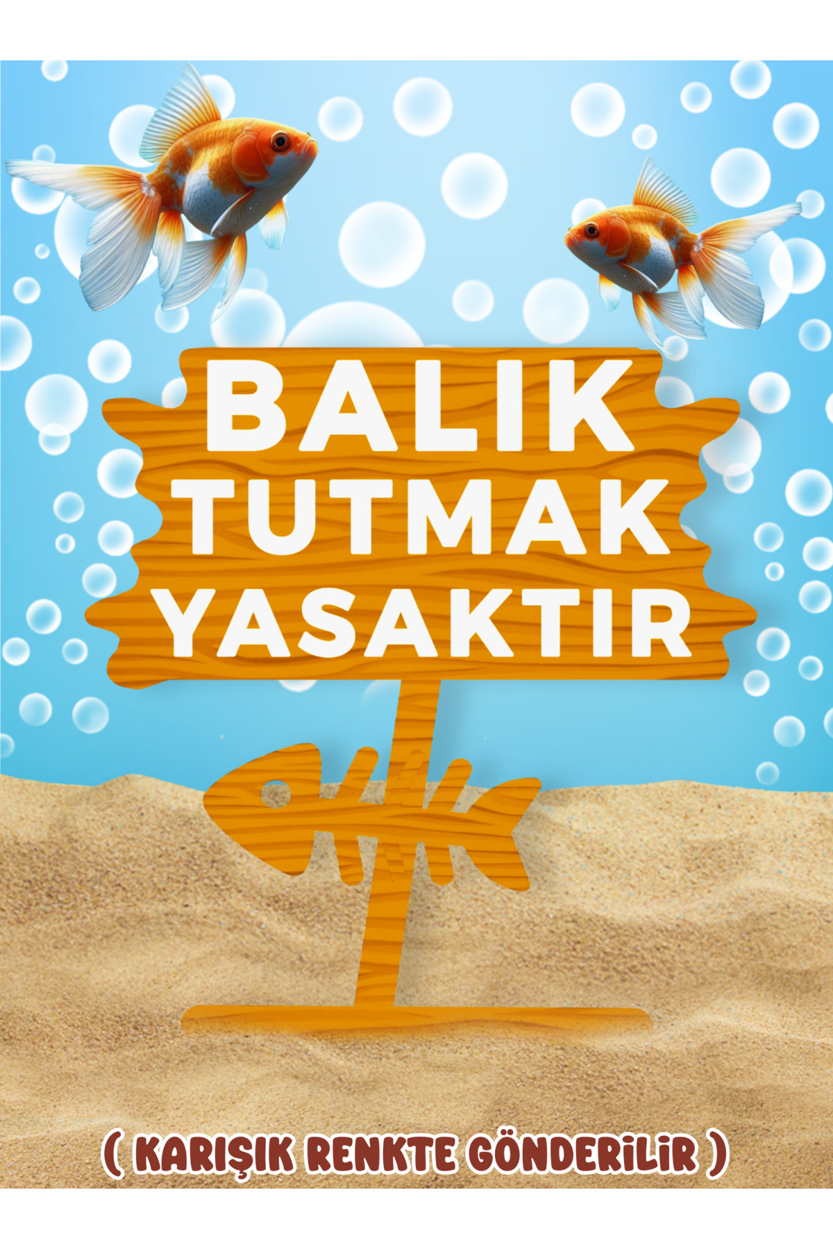 MDİZMİR Balık Tutmak Yasaktır Dekoru ( Sarı - Renk ) Fanus , Küçük Akvaryum ve Büyük Akvaryum Uygun