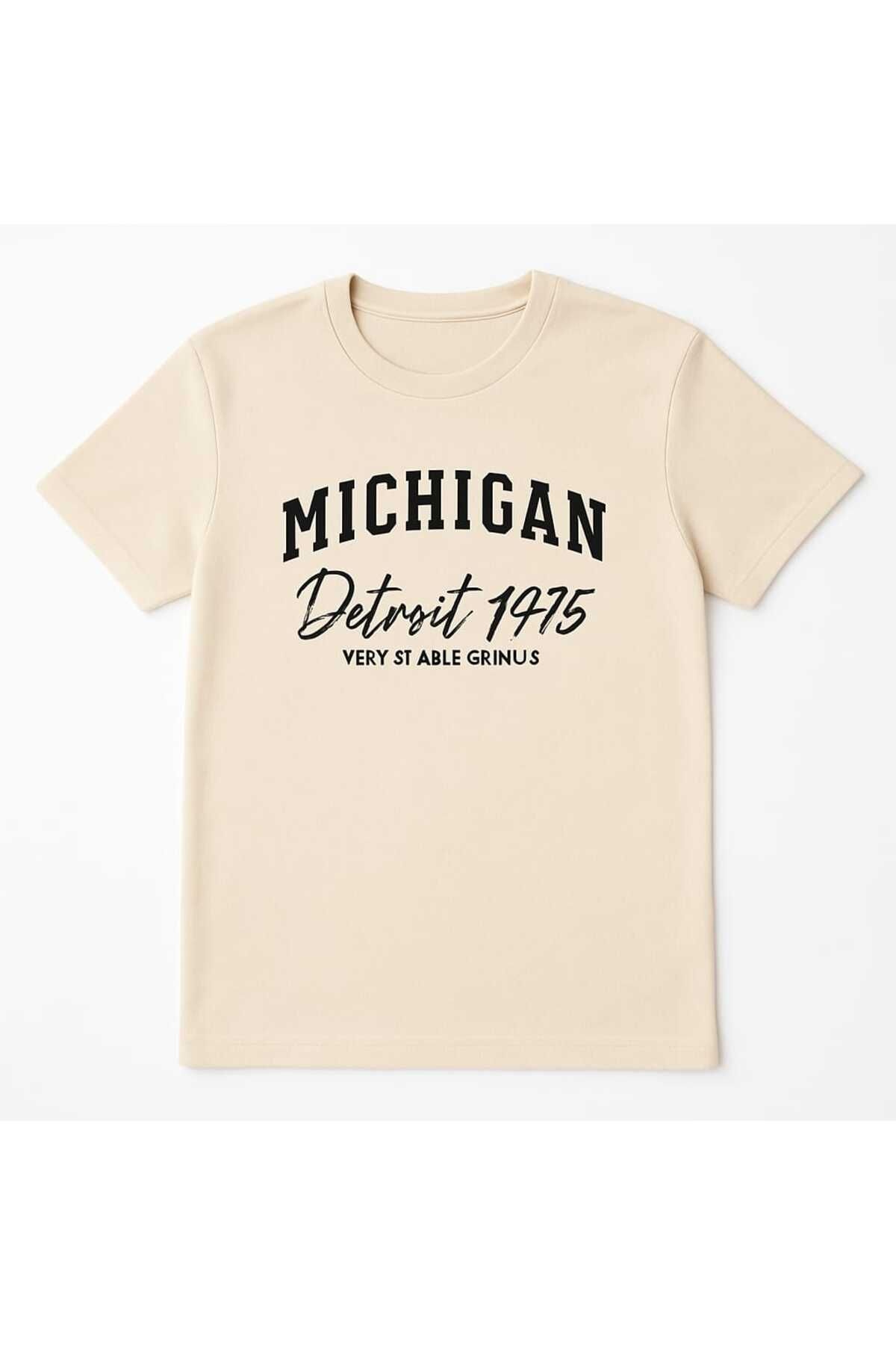 BKMTEKSTİL Michigan Detroit 1975 Baskılı Krem Tişört