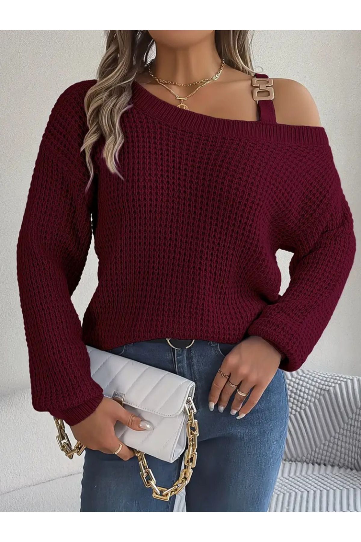 ARUZ MODA Kadın Uzun Kollu Tek Omuzu Açık Tokalı Triko Bluz
